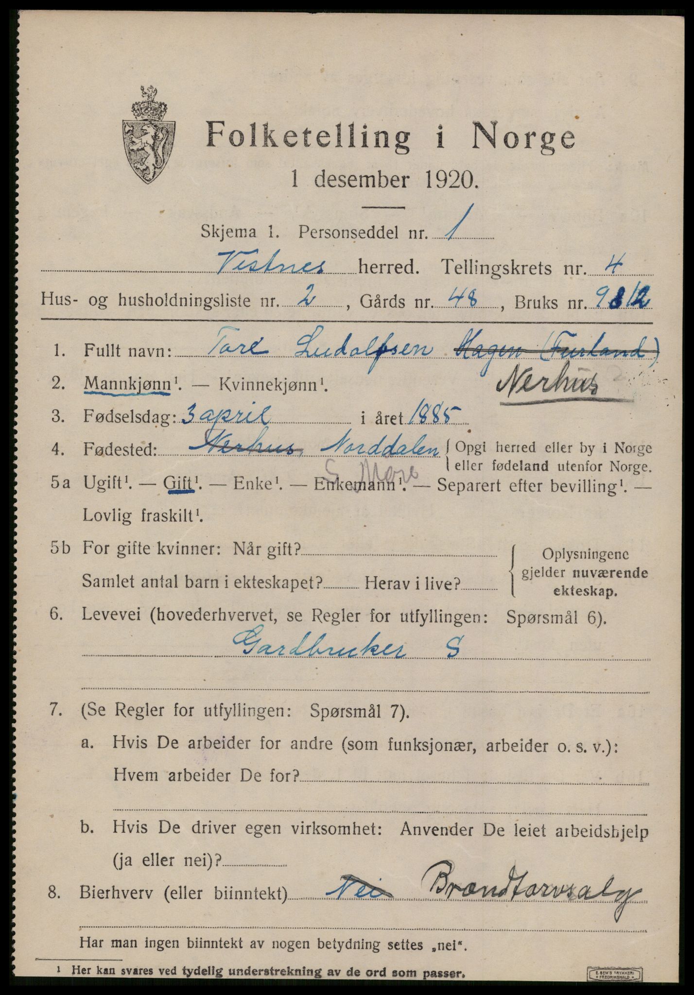 SAT, 1920 census for Vestnes, 1920, p. 3415