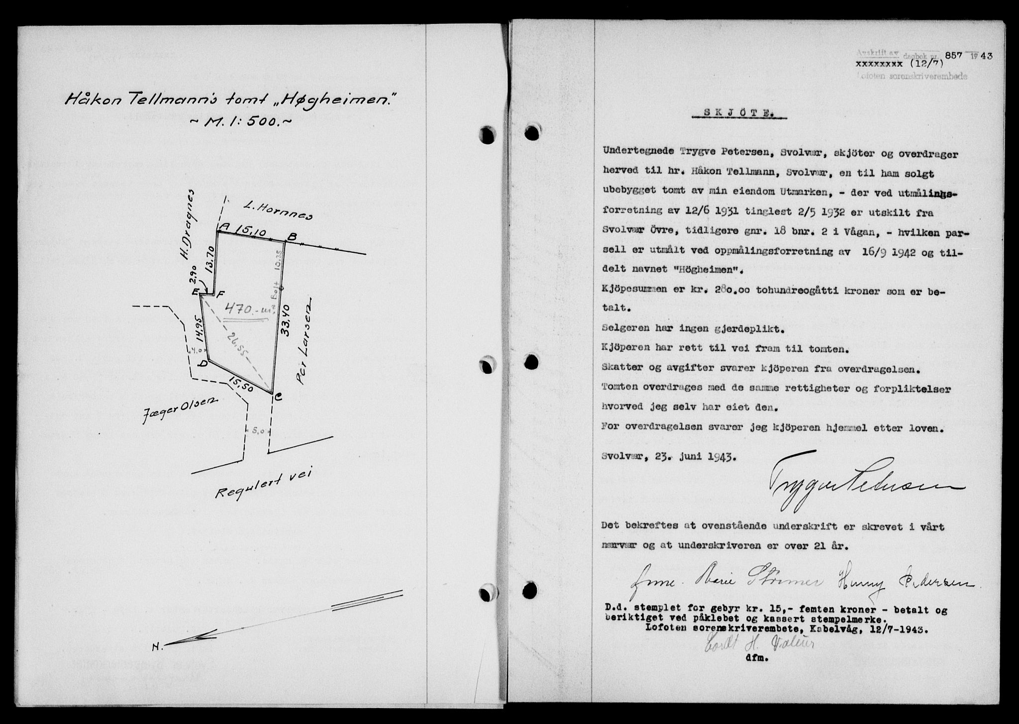 Lofoten sorenskriveri, SAT/A-0017/1/2/2C/L0011a: Mortgage book no. 11a, 1943-1943, Diary no: : 857/1943