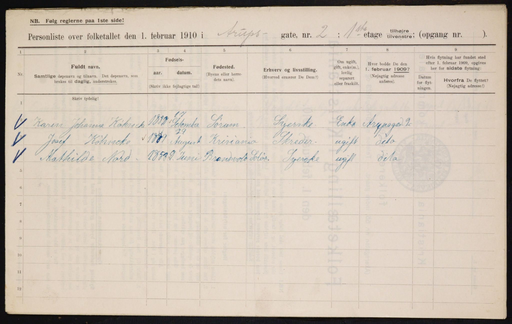 OBA, Municipal Census 1910 for Kristiania, 1910, p. 2022