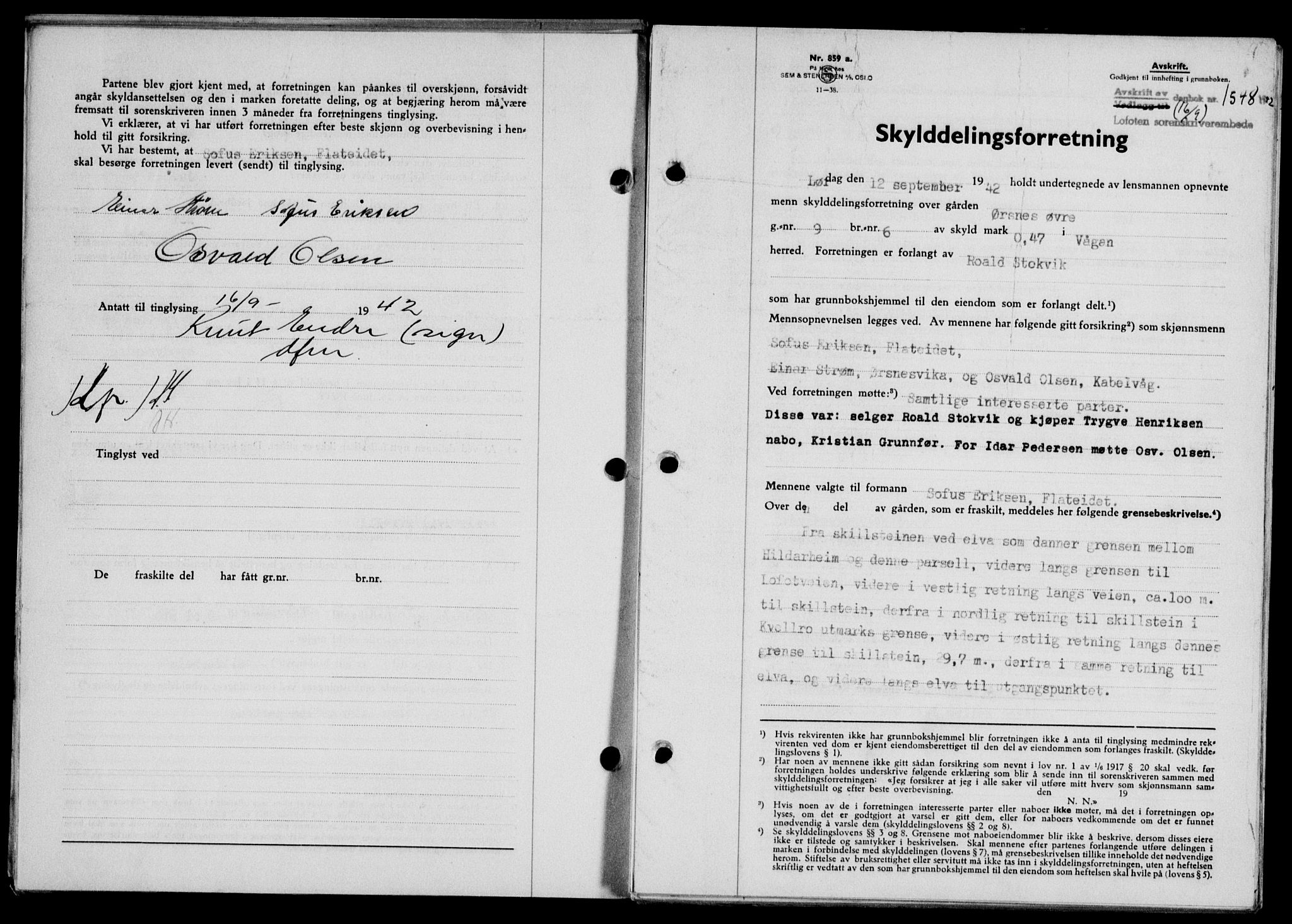 Lofoten sorenskriveri, SAT/A-0017/1/2/2C/L0010a: Mortgage book no. 10a, 1942-1943, Diary no: : 1548/1942