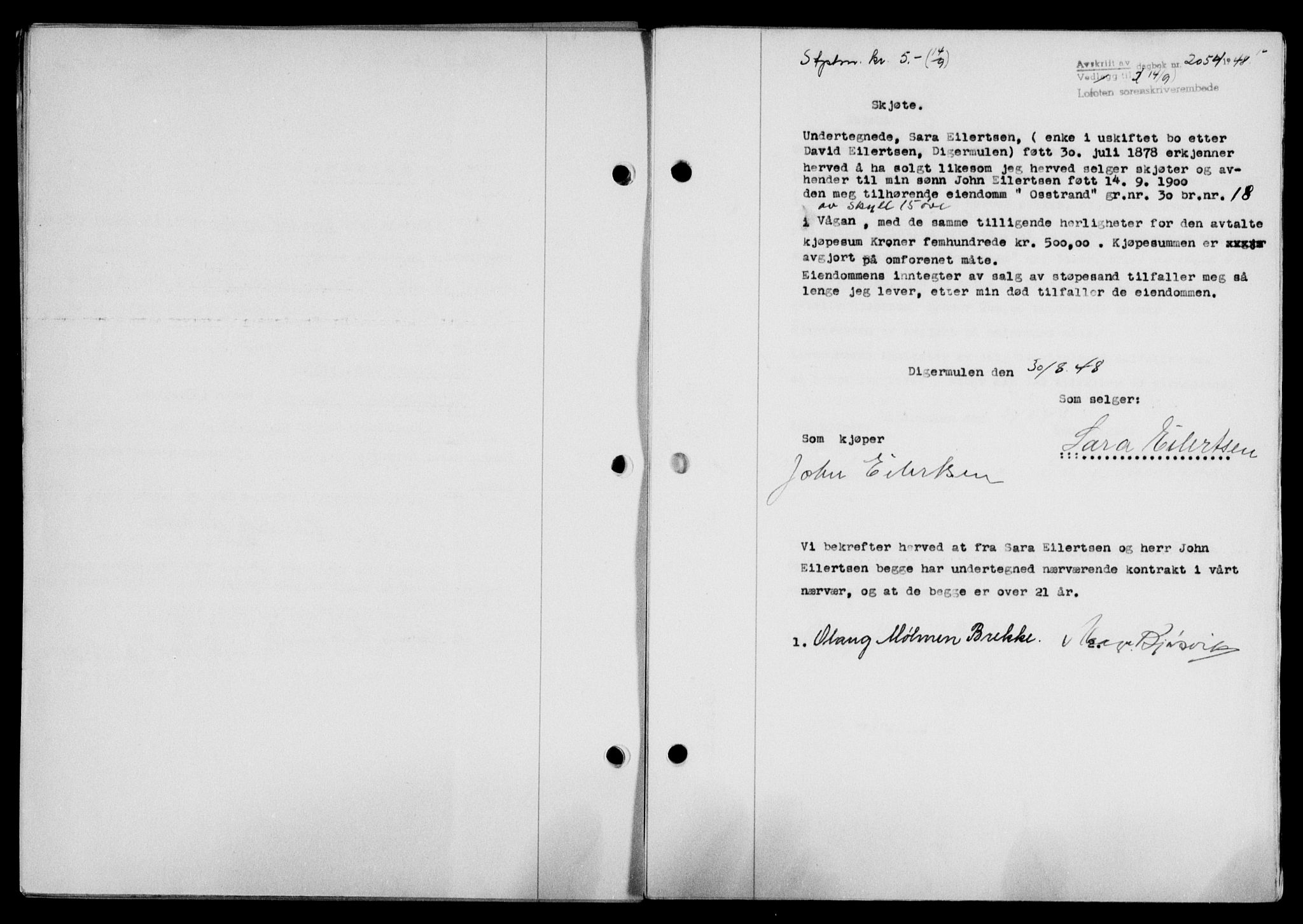 Lofoten sorenskriveri, SAT/A-0017/1/2/2C/L0019a: Mortgage book no. 19a, 1948-1948, Diary no: : 2054/1948