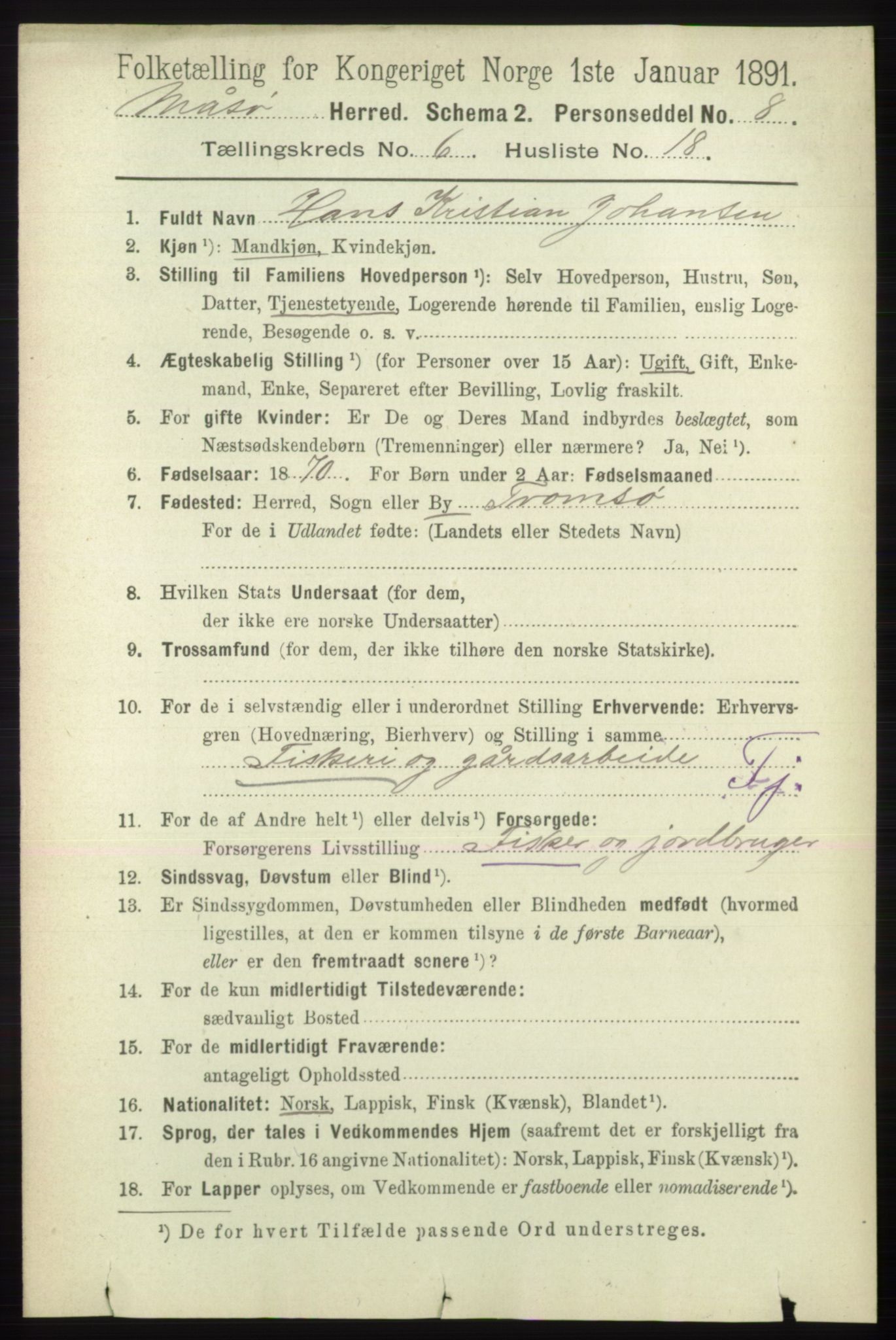 RA, 1891 census for 2018 Måsøy, 1891, p. 1238