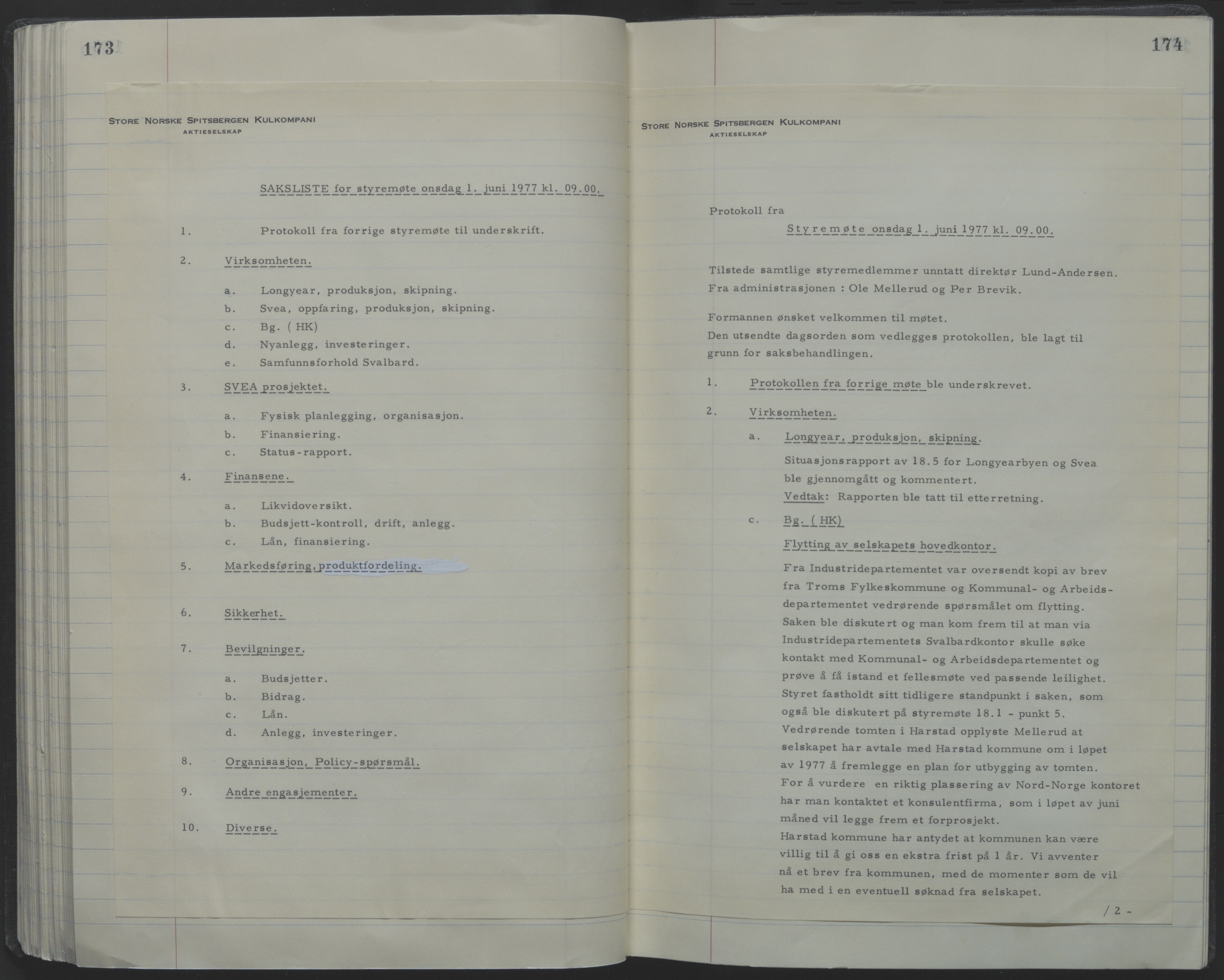Store Norske Spitsbergen Kulkompani A/S, AV/SATØ-P-0073/09/A/Ab/Aba/L0001: Styreprotokoll 6, 1970-1979, p. 173-174