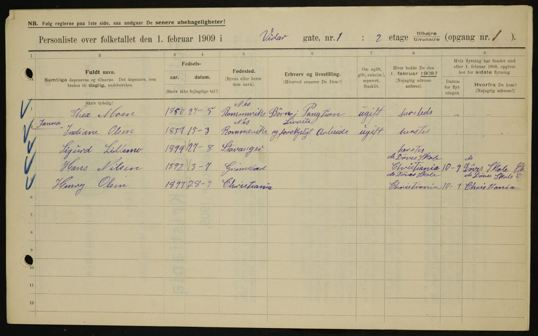 OBA, Municipal Census 1909 for Kristiania, 1909, p. 112118