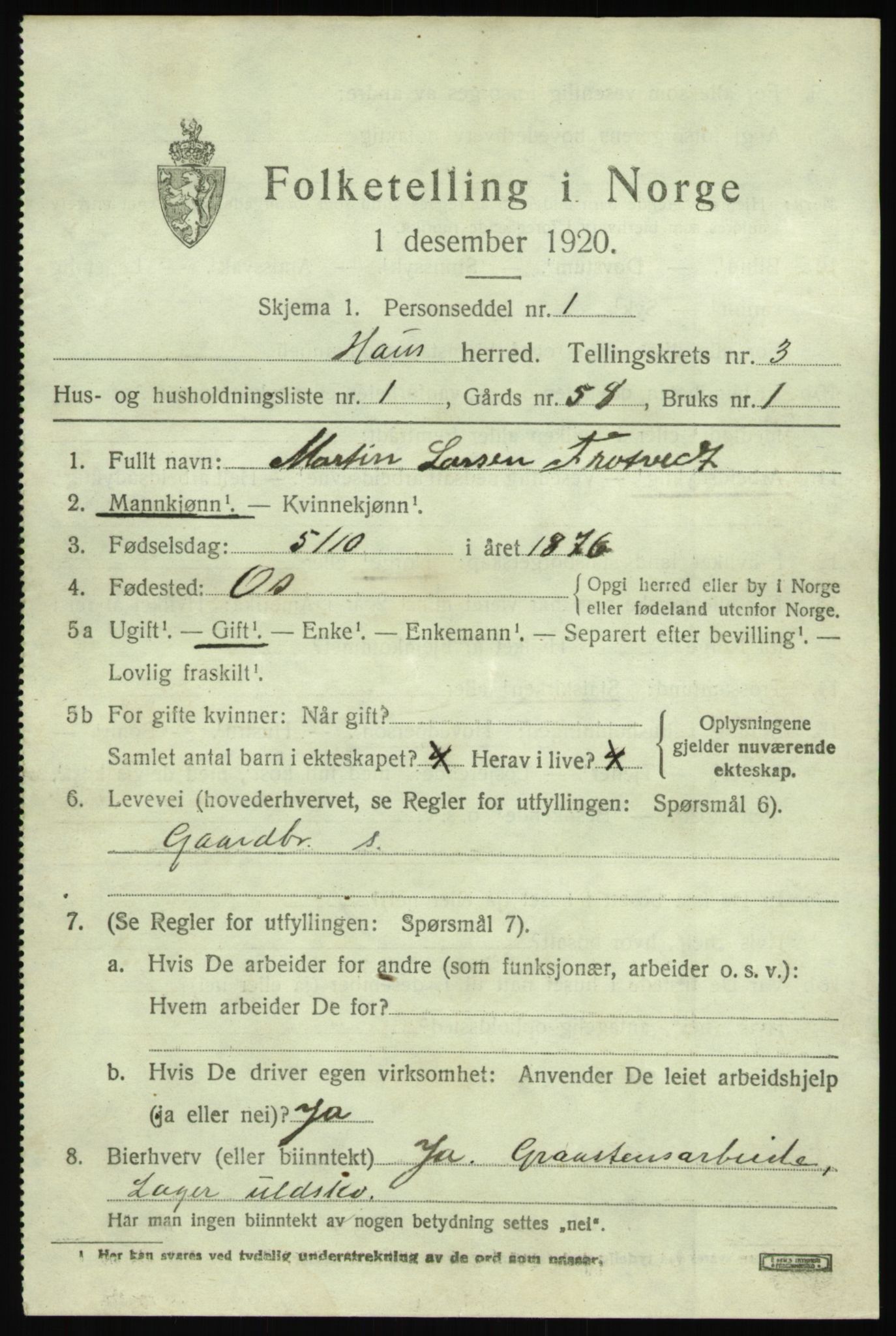 SAB, 1920 census for Haus, 1920, p. 2499