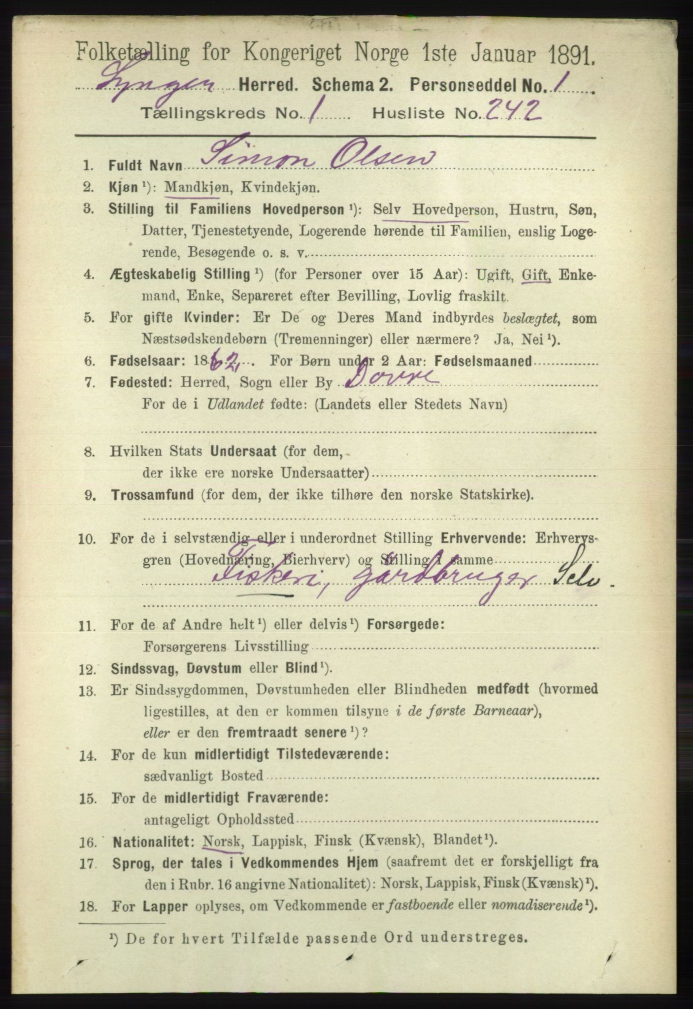 RA, 1891 census for 1938 Lyngen, 1891, p. 1890