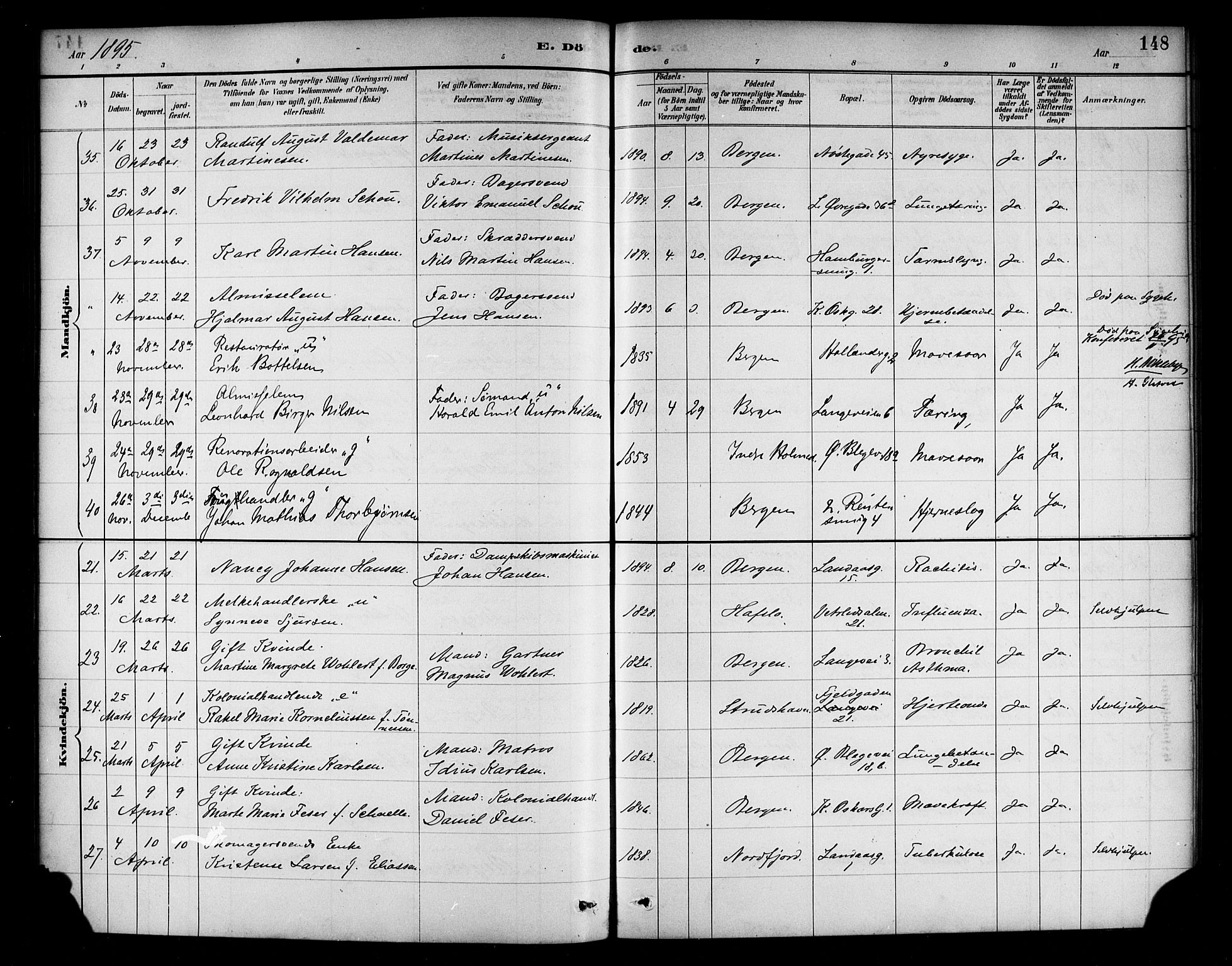 Korskirken sokneprestembete, SAB/A-76101/H/Haa/L0047: Parish register (official) no. E 5, 1884-1910, p. 148