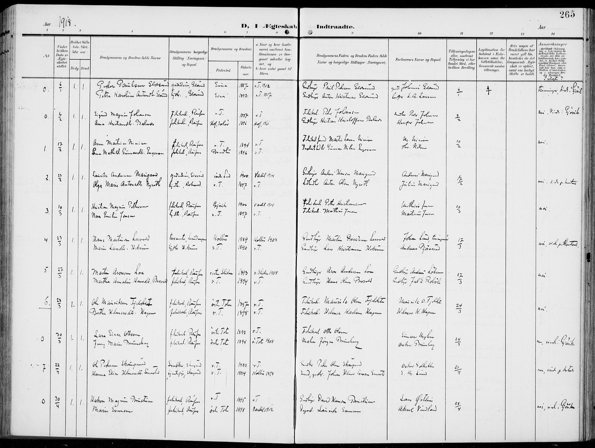 Vestre Toten prestekontor, SAH/PREST-108/H/Ha/Haa/L0014: Parish register (official) no. 14, 1907-1920, p. 265