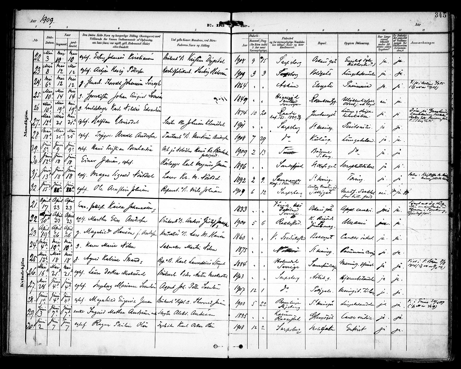 Sarpsborg prestekontor Kirkebøker, AV/SAO-A-2006/F/Fa/L0006: Parish register (official) no. 6, 1900-1909, p. 345