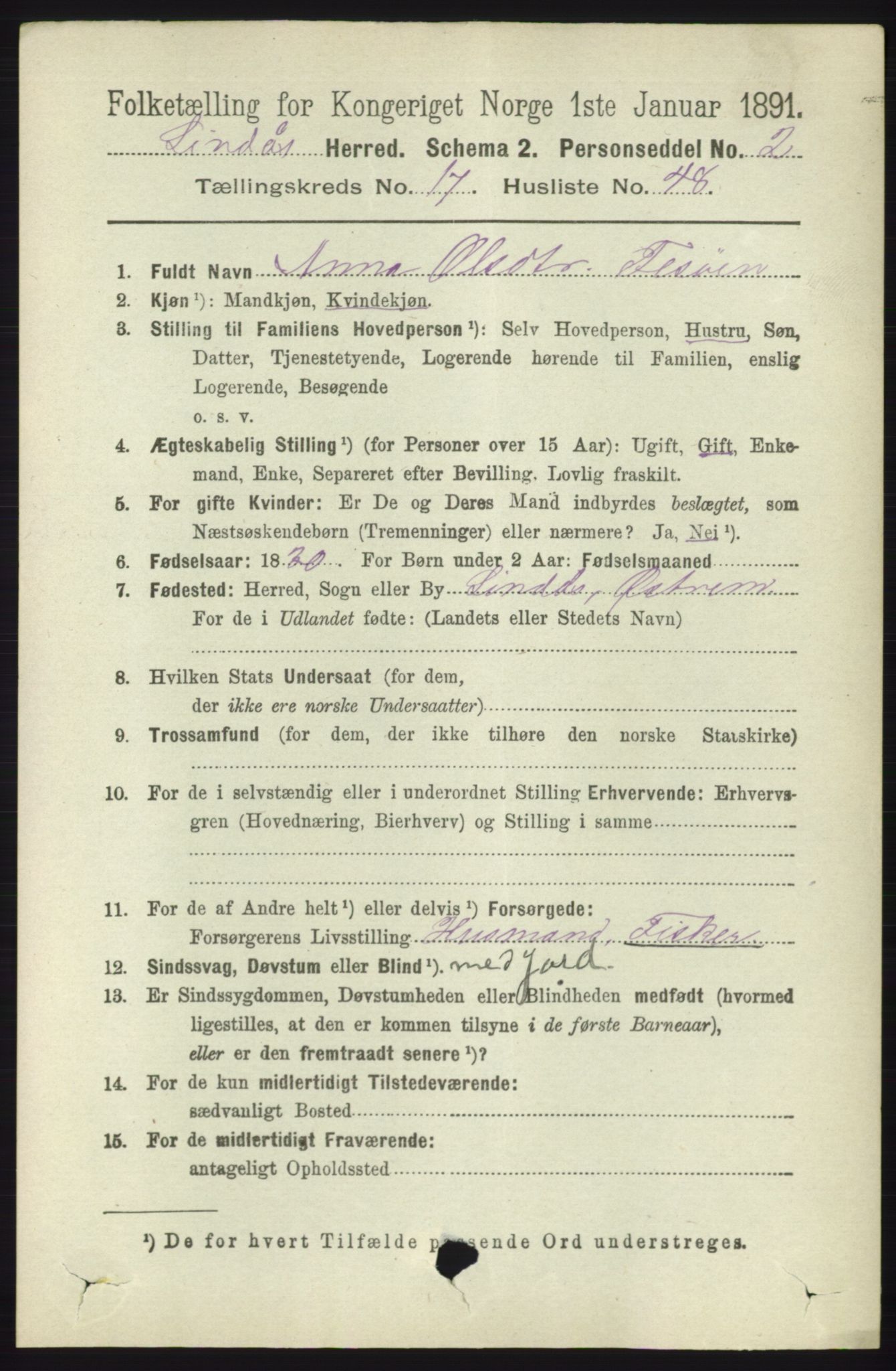 RA, 1891 census for 1263 Lindås, 1891, p. 6459