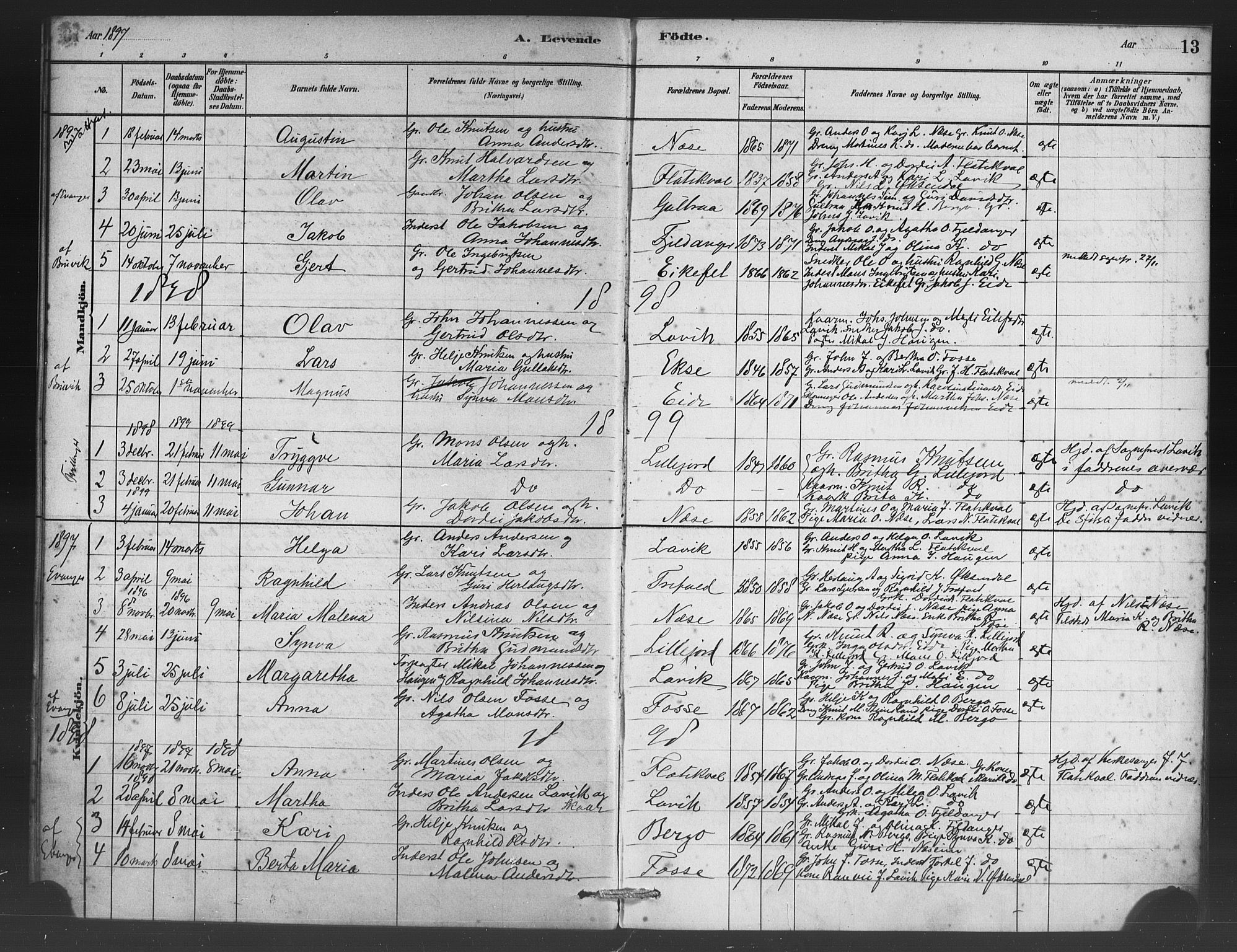Vaksdal Sokneprestembete, SAB/A-78901/H/Haa: Parish register (official) no. C 1, 1881-1900, p. 13