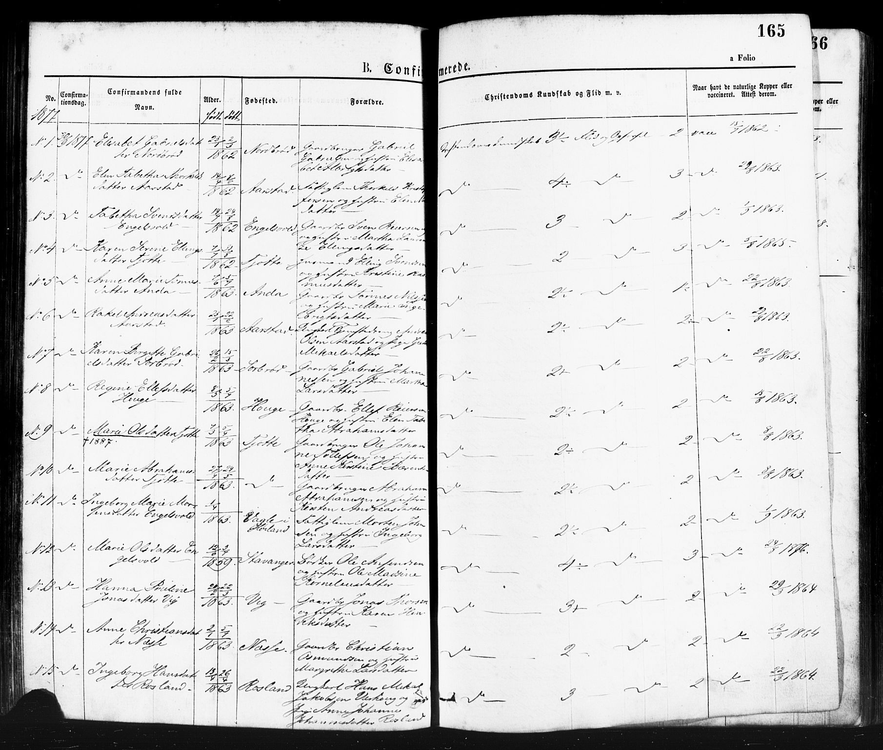 Klepp sokneprestkontor, AV/SAST-A-101803/001/3/30BA/L0006: Parish register (official) no. A 6, 1871-1885, p. 165