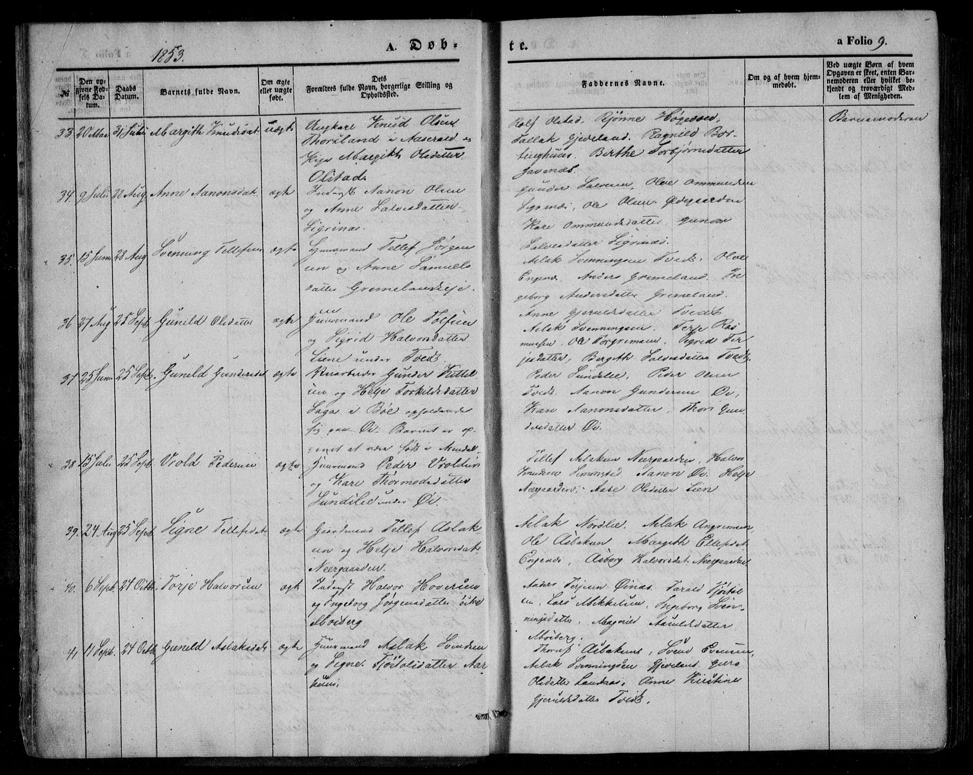 Åmli sokneprestkontor, AV/SAK-1111-0050/F/Fa/Fac/L0008: Parish register (official) no. A 8, 1852-1869, p. 9