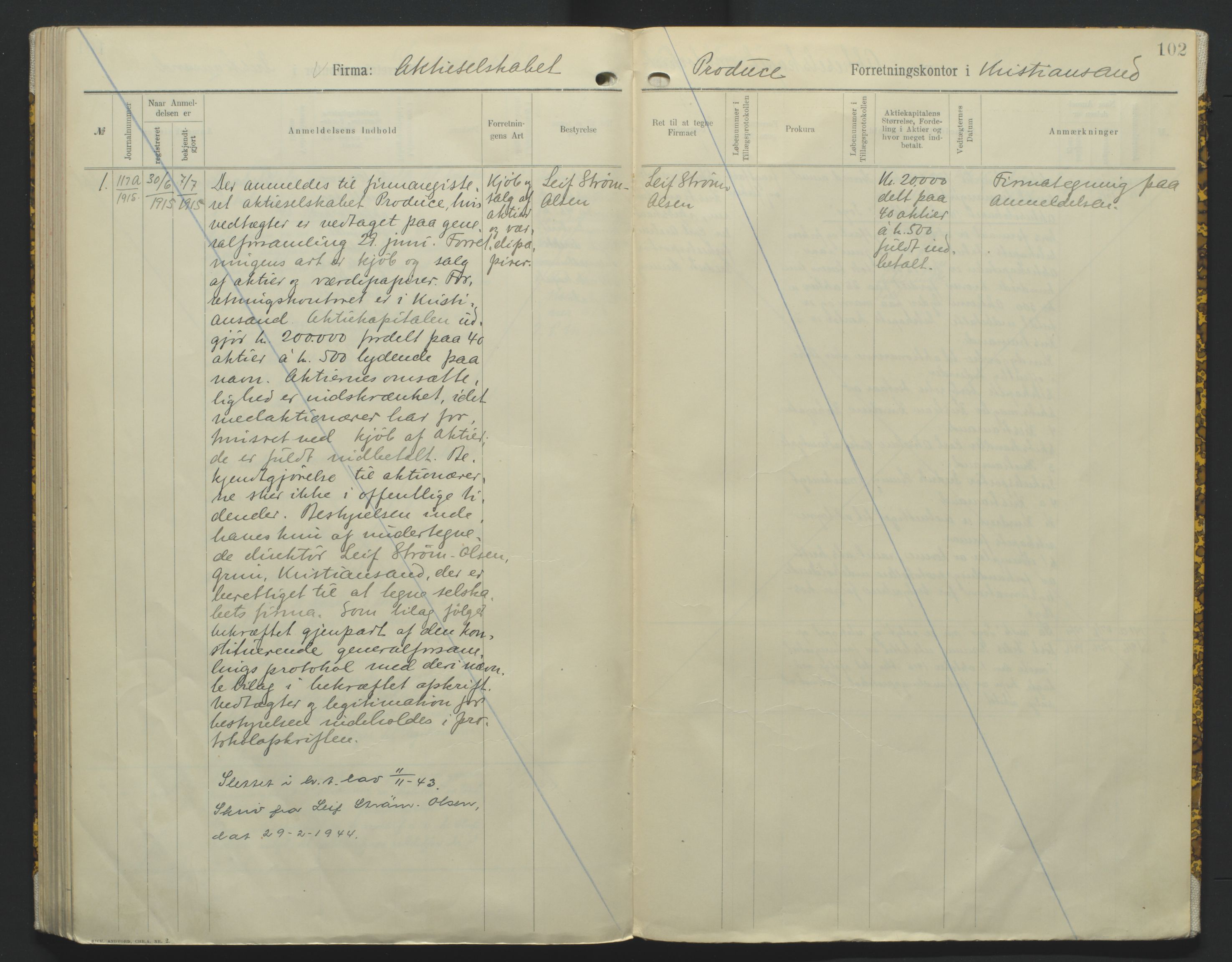 Kristiansand byrett, AV/SAK-1223-0001/K/Kb/L0010: Handelsregister B III, 1907-1915, p. 102