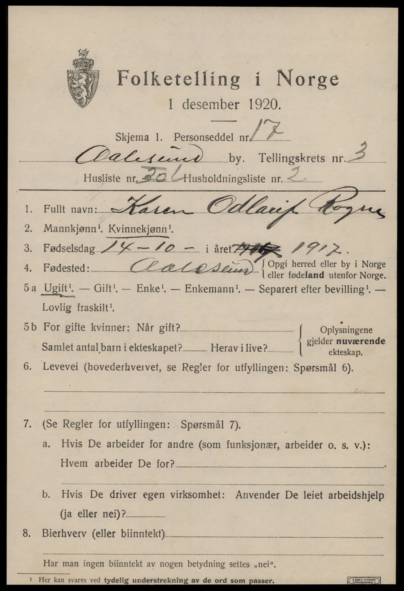 SAT, 1920 census for Ålesund, 1920, p. 12276