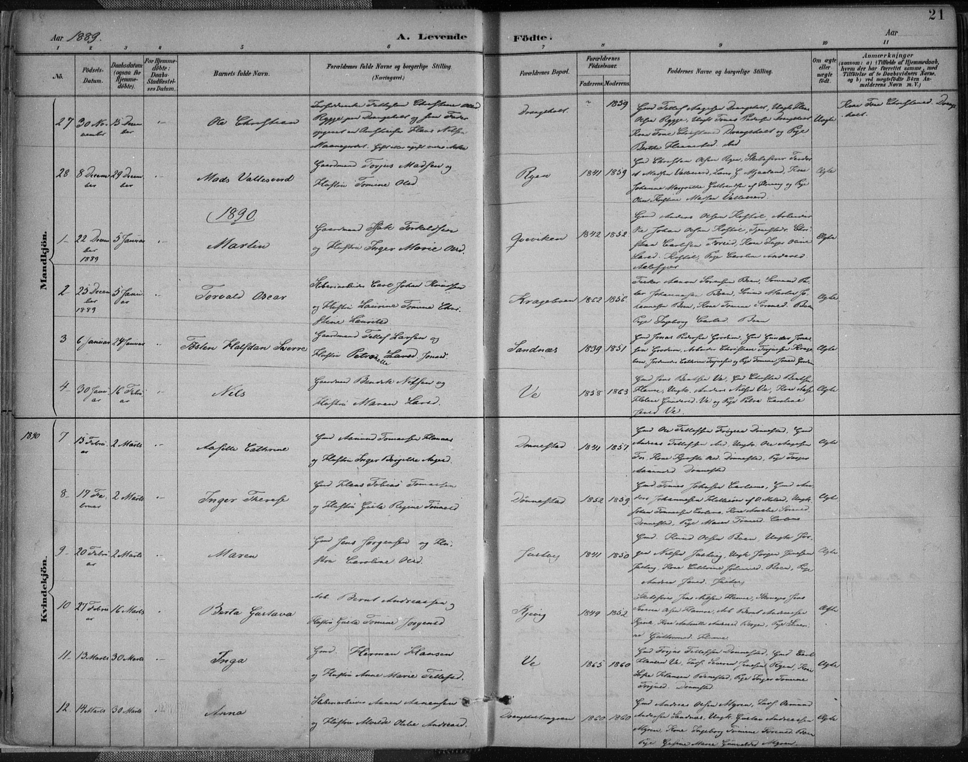 Tveit sokneprestkontor, AV/SAK-1111-0043/F/Fa/L0007: Parish register (official) no. A 7, 1887-1908, p. 21