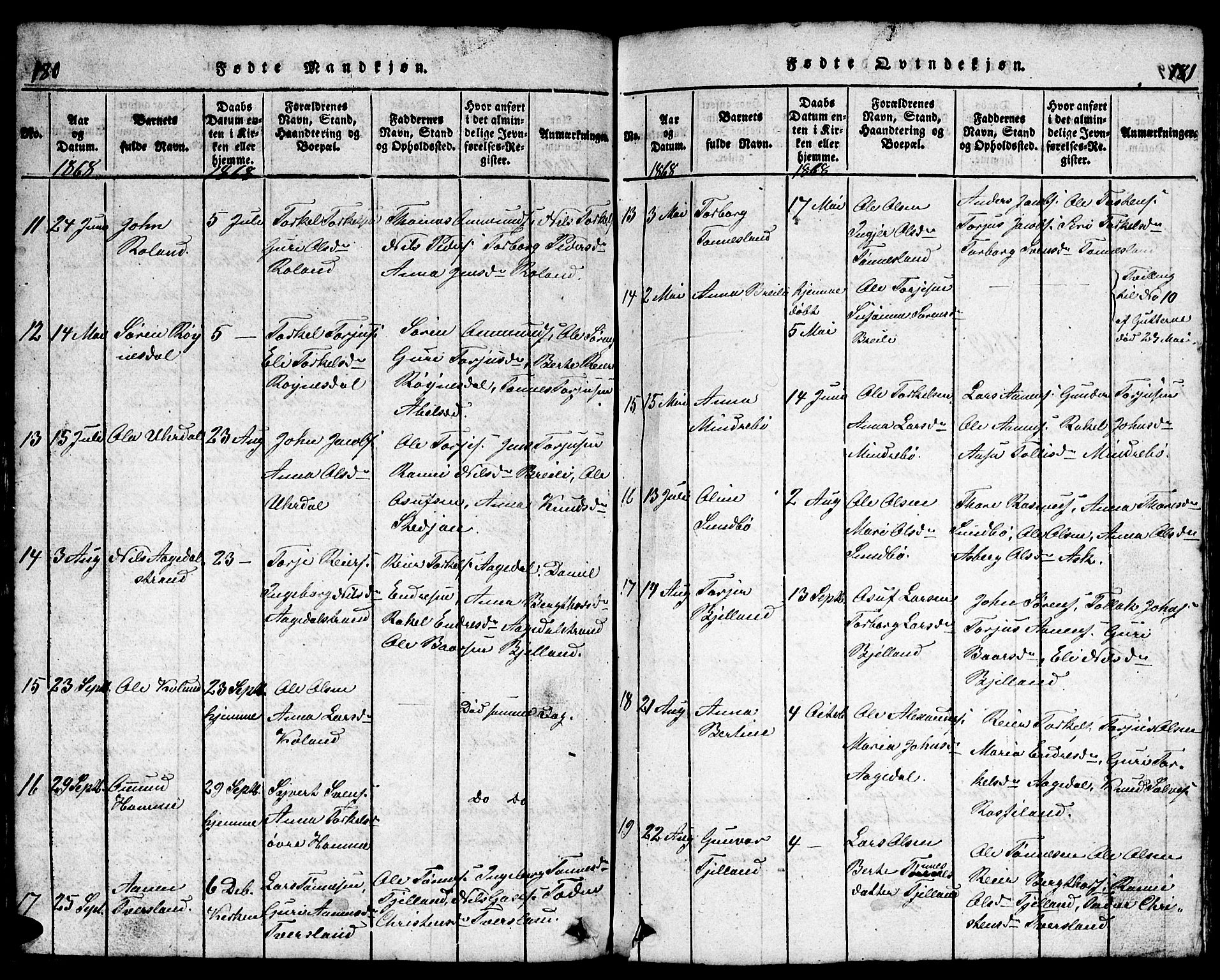 Bjelland sokneprestkontor, AV/SAK-1111-0005/F/Fb/Fba/L0003: Parish register (copy) no. B 3, 1816-1870, p. 180-181