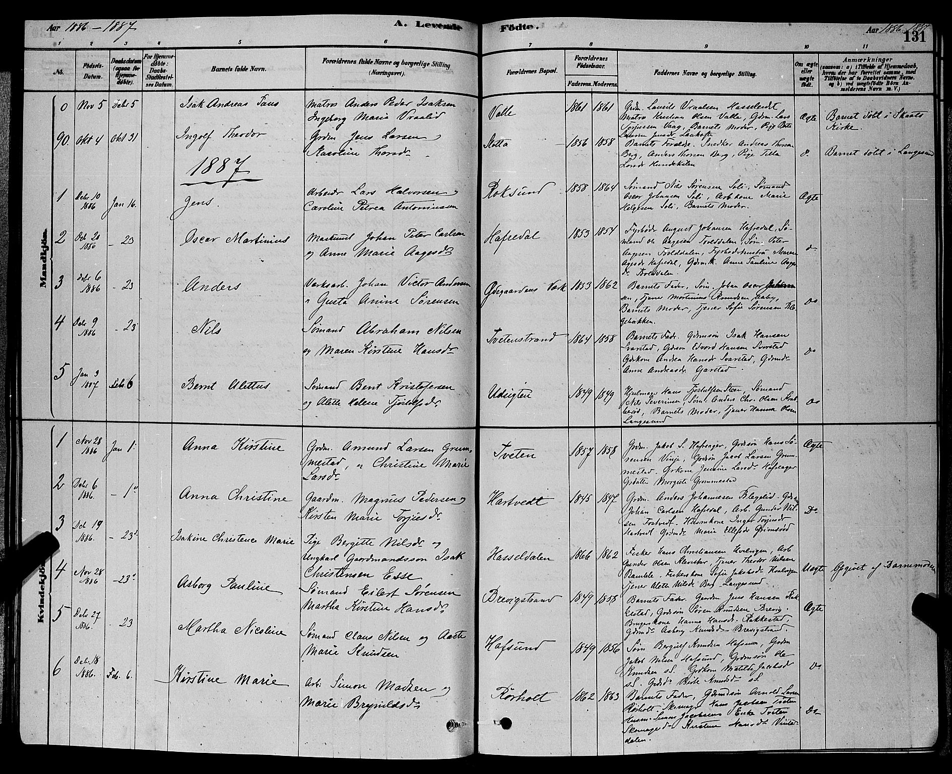 Bamble kirkebøker, SAKO/A-253/G/Ga/L0008: Parish register (copy) no. I 8, 1878-1888, p. 131