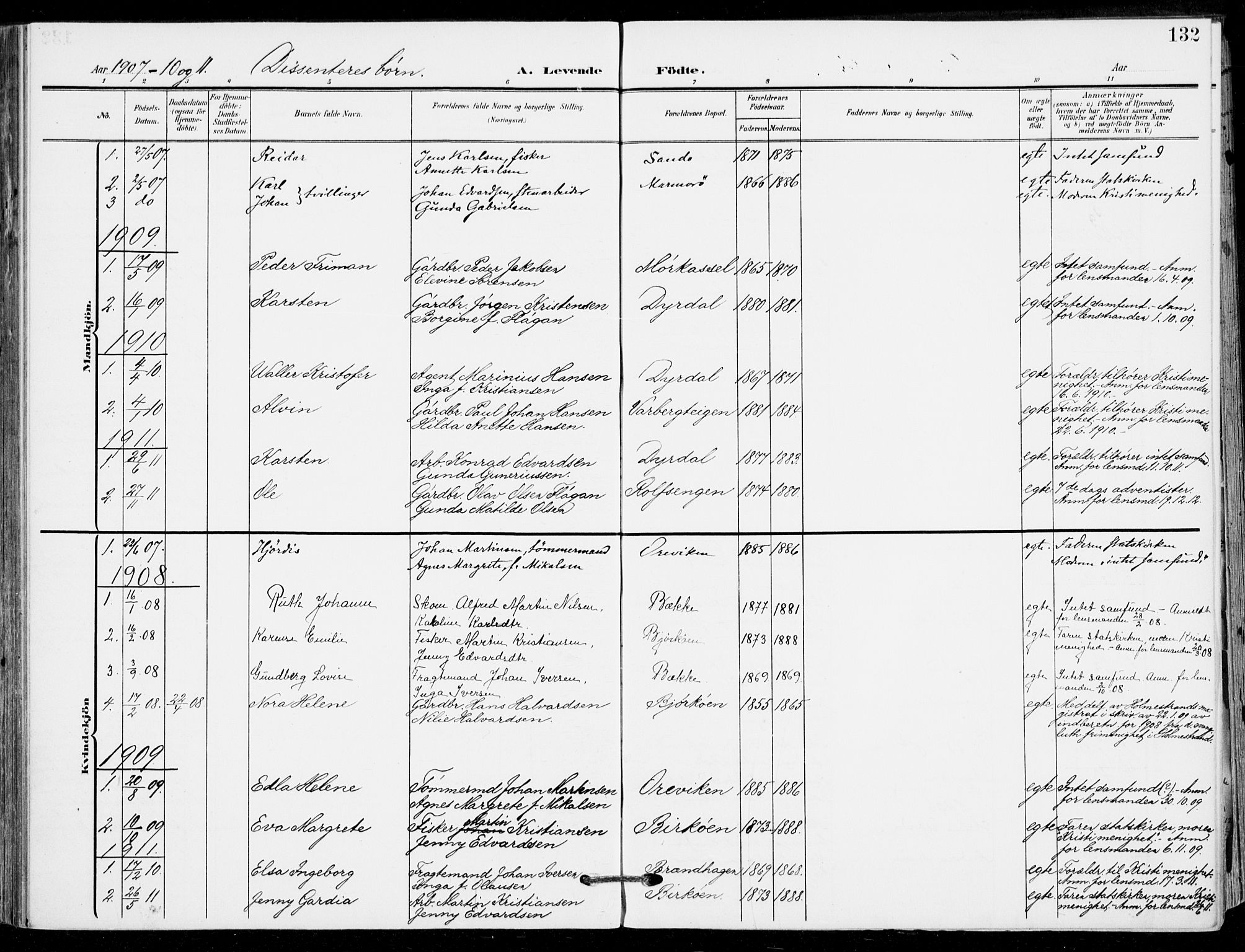 Sande Kirkebøker, AV/SAKO-A-53/F/Fa/L0008: Parish register (official) no. 8, 1904-1921, p. 132