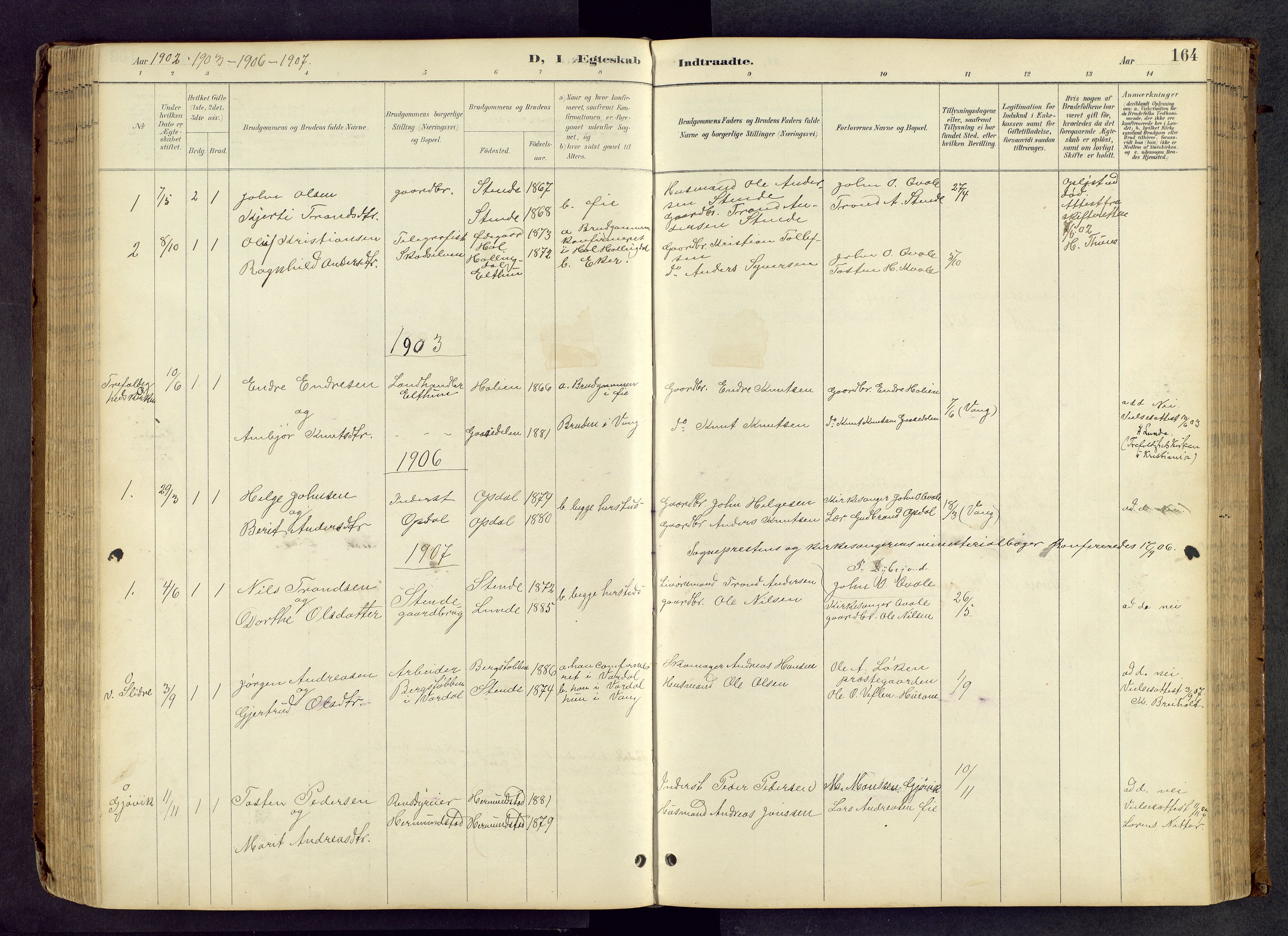 Vang prestekontor, Valdres, SAH/PREST-140/H/Hb/L0005: Parish register (copy) no. 5, 1889-1945, p. 164