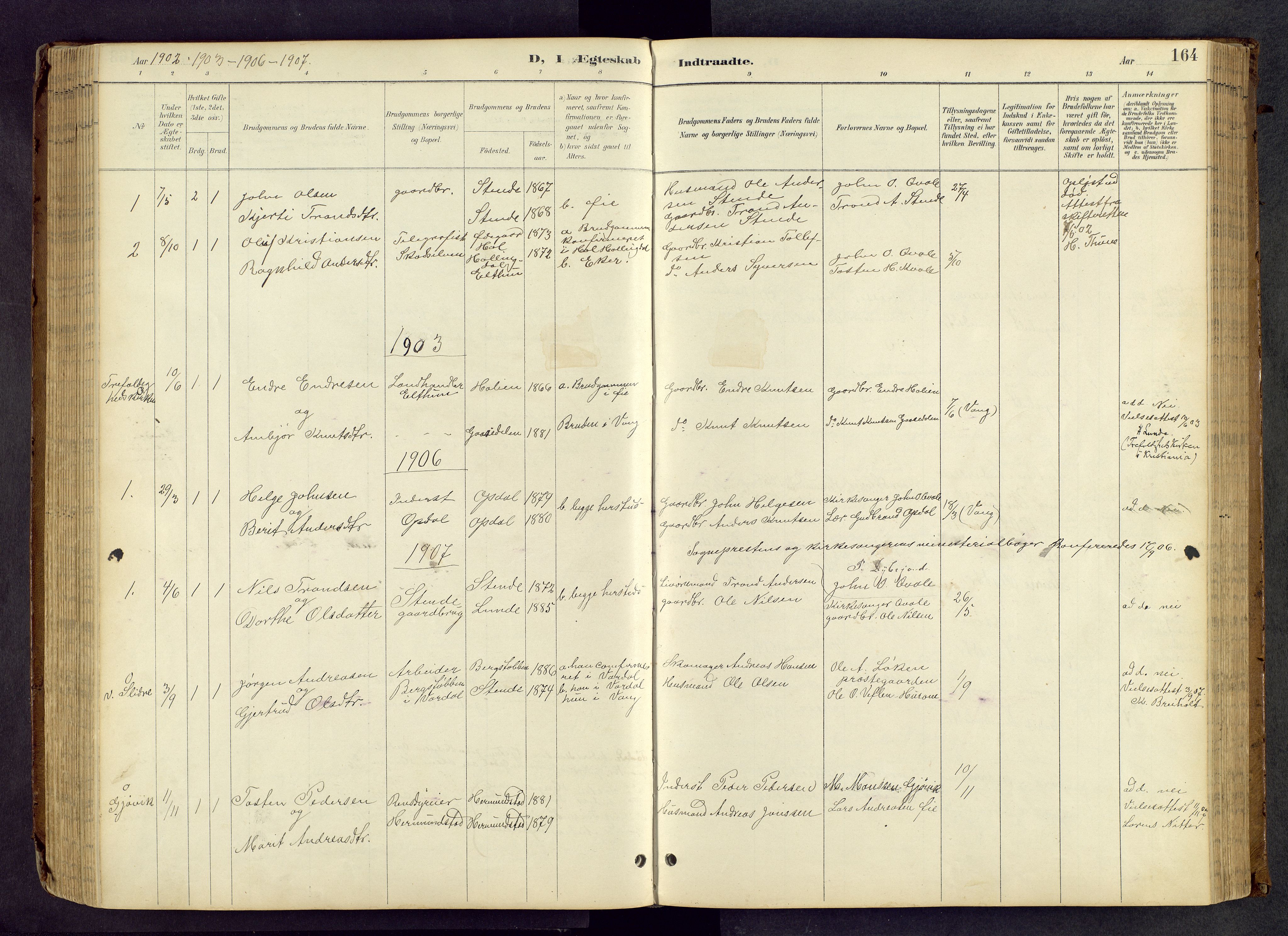 Vang prestekontor, Valdres, AV/SAH-PREST-140/H/Hb/L0005: Parish register (copy) no. 5, 1889-1945, p. 164