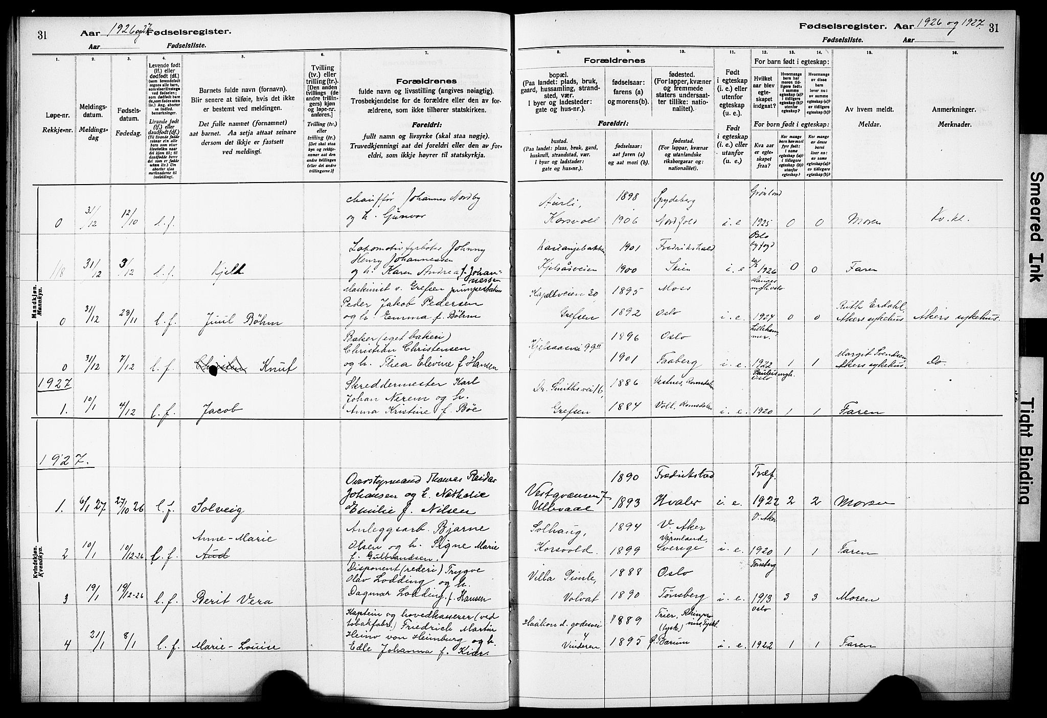 Vestre Aker prestekontor Kirkebøker, AV/SAO-A-10025/J/Ja/L0003: Birth register no. 3, 1926-1930, p. 31