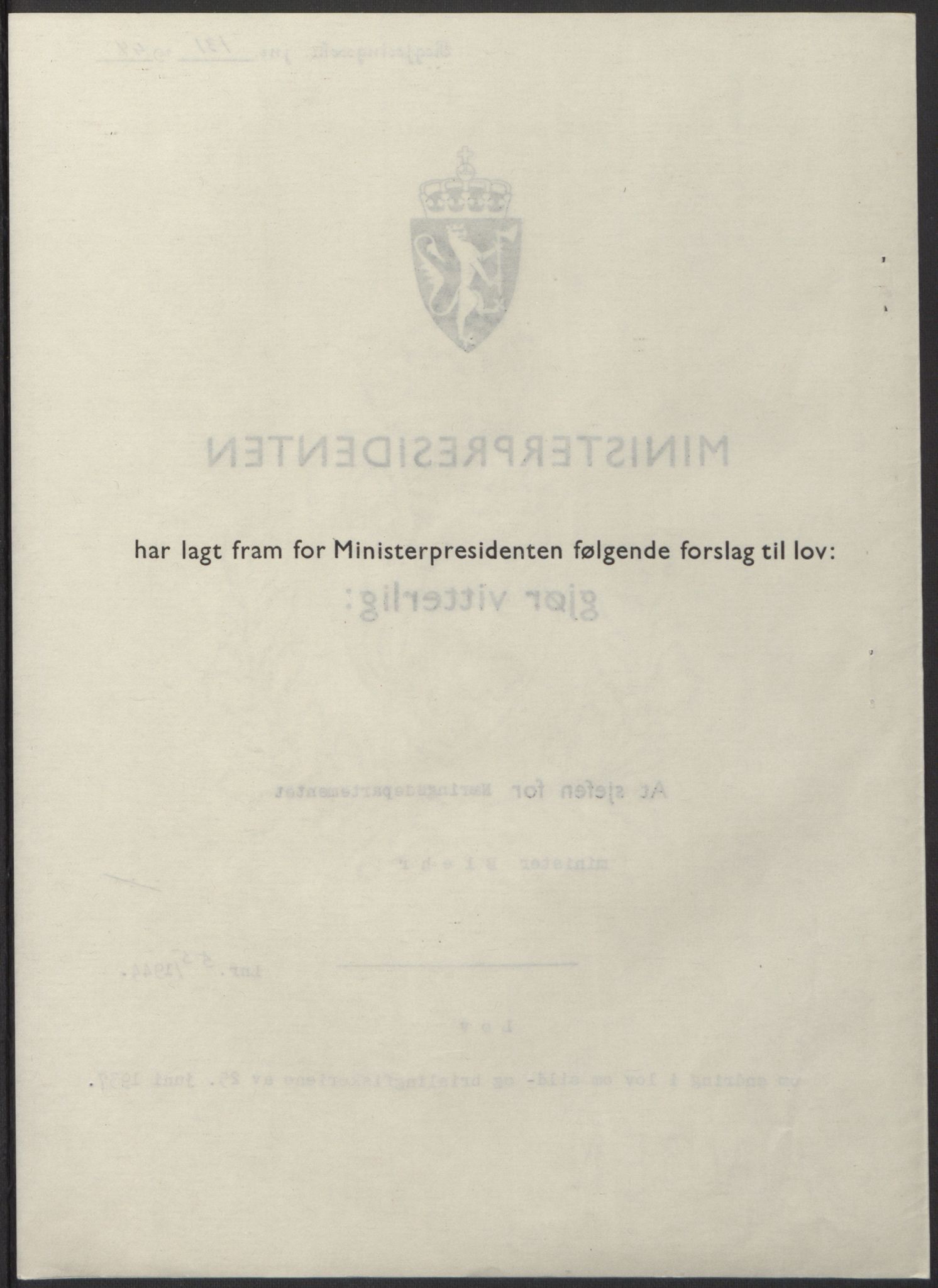 NS-administrasjonen 1940-1945 (Statsrådsekretariatet, de kommisariske statsråder mm), AV/RA-S-4279/D/Db/L0100: Lover, 1944, p. 257