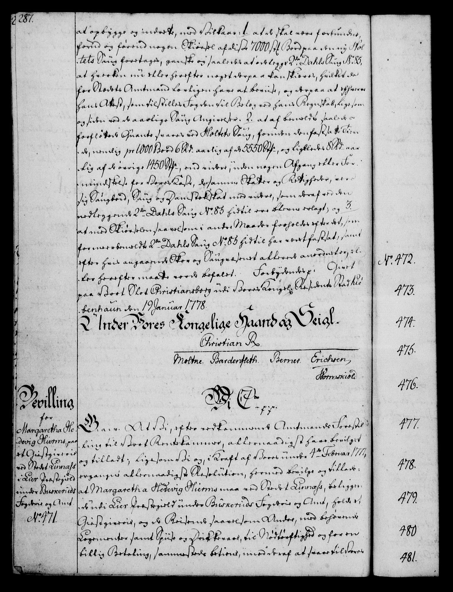 Rentekammeret, Kammerkanselliet, AV/RA-EA-3111/G/Gg/Gga/L0010: Norsk ekspedisjonsprotokoll med register (merket RK 53.10), 1773-1778, p. 287