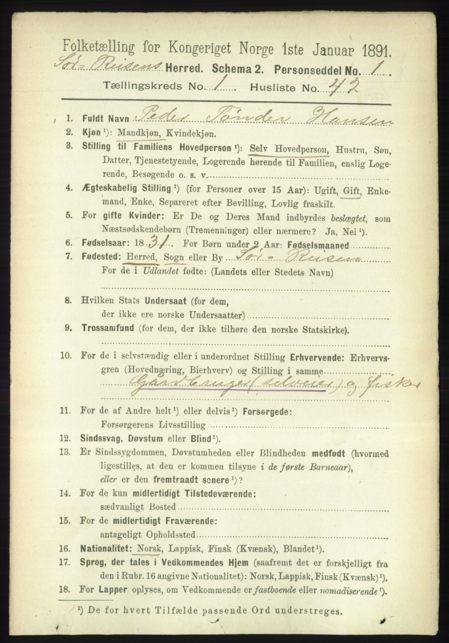 RA, 1891 census for 1925 Sørreisa, 1891, p. 331