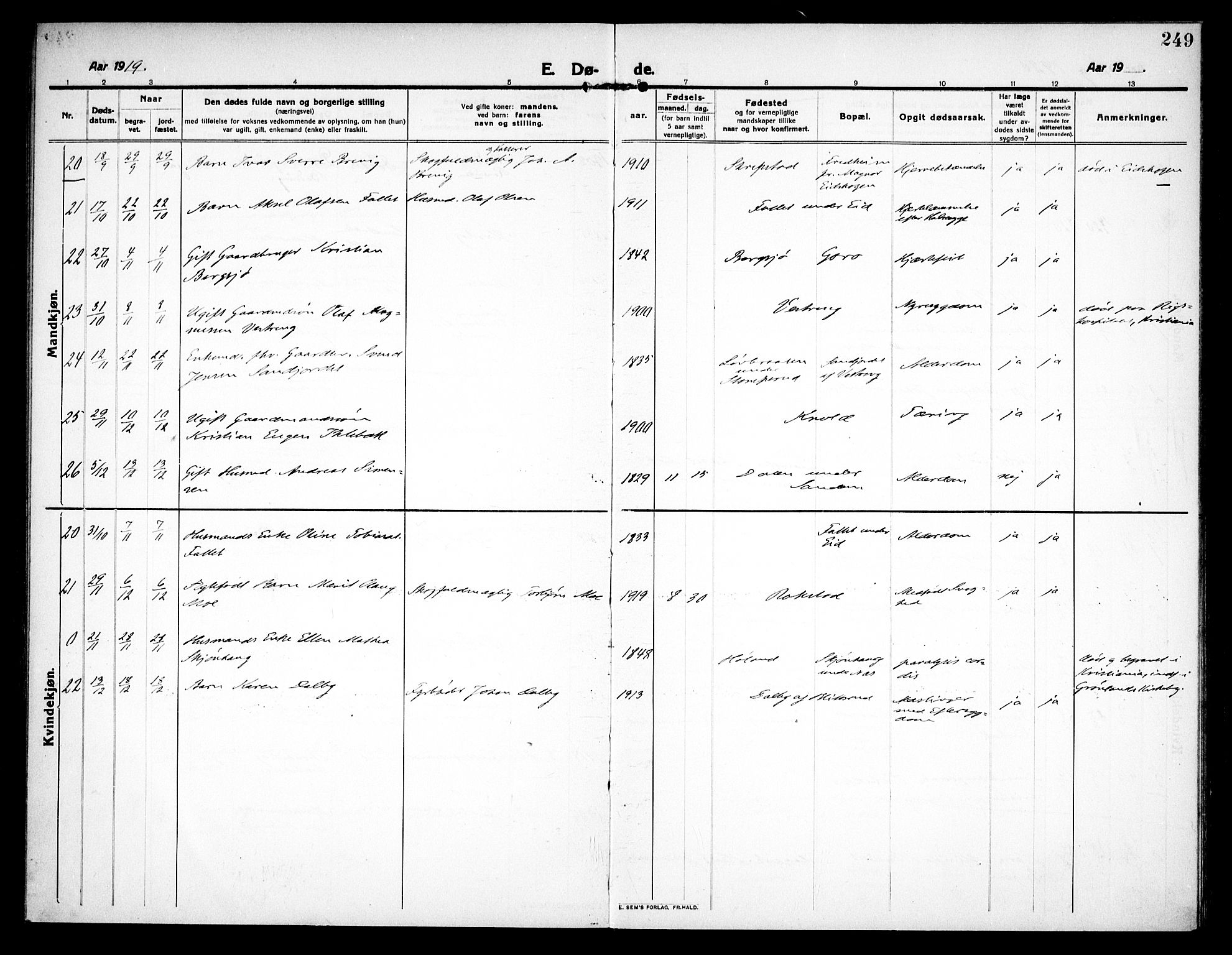 Høland prestekontor Kirkebøker, SAO/A-10346a/F/Fa/L0016: Parish register (official) no. I 16, 1912-1921, p. 249