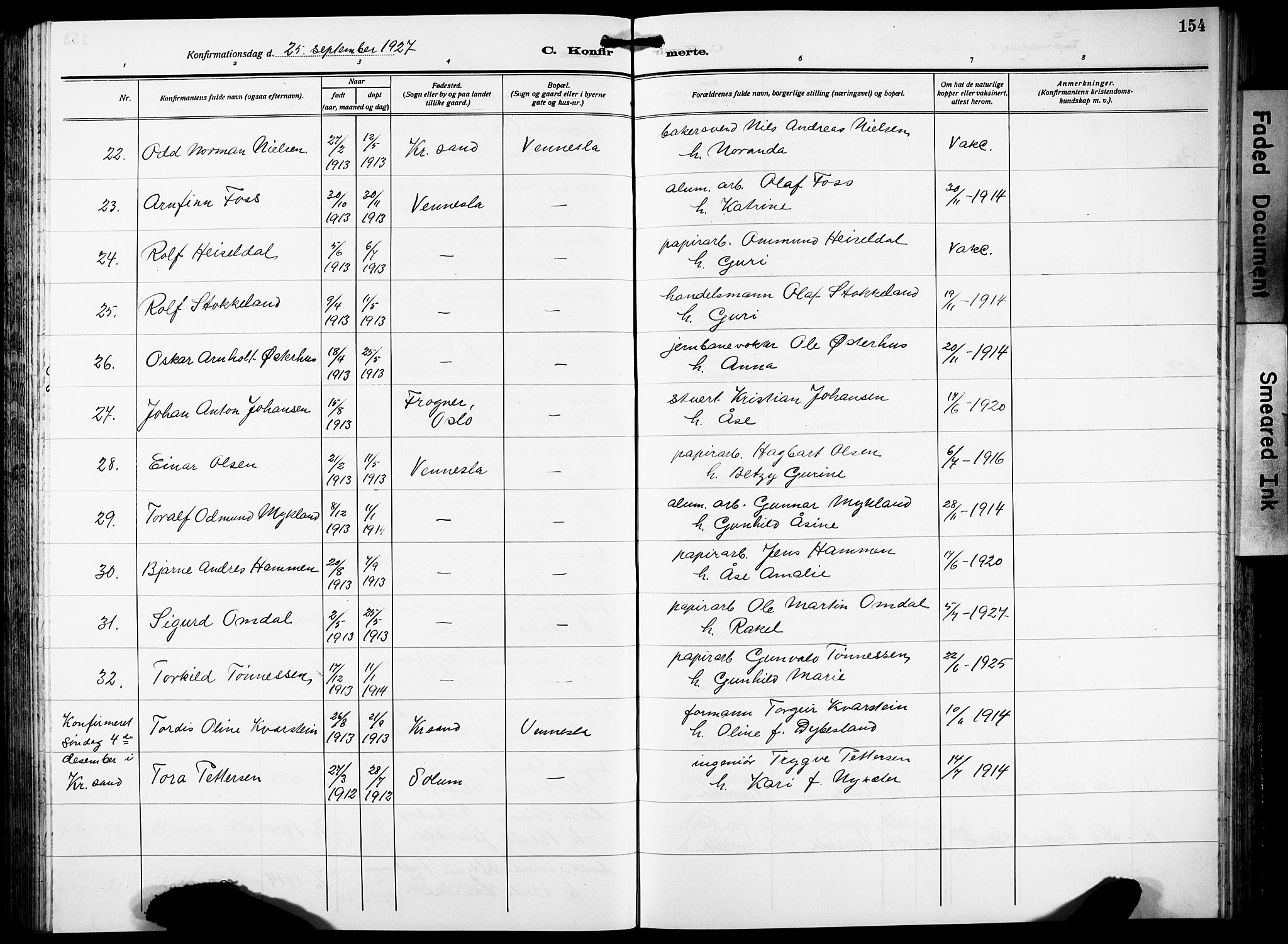 Vennesla sokneprestkontor, AV/SAK-1111-0045/Fb/Fbb/L0007: Parish register (copy) no. B 7, 1922-1933, p. 154
