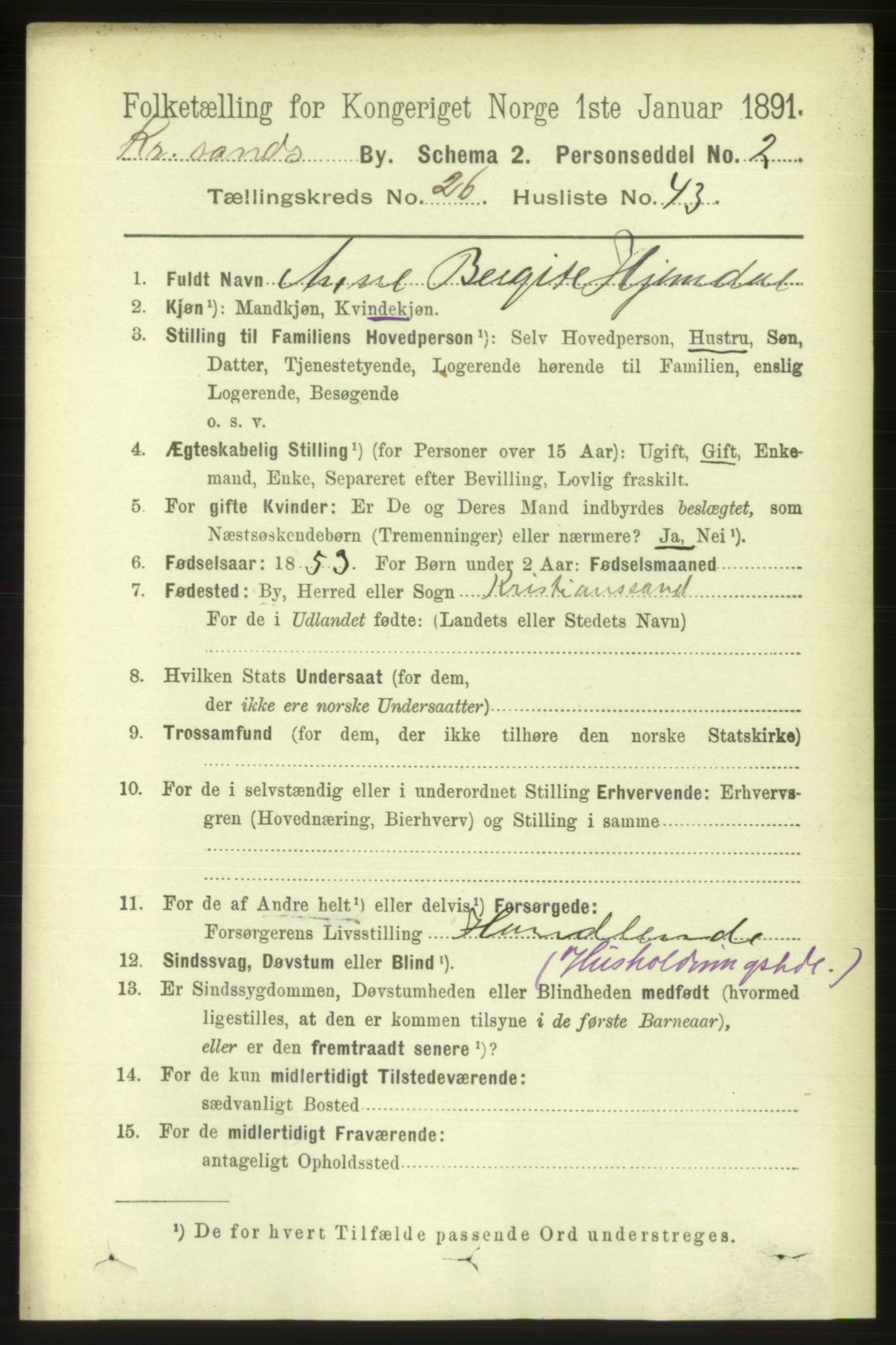 RA, 1891 census for 1001 Kristiansand, 1891, p. 9379