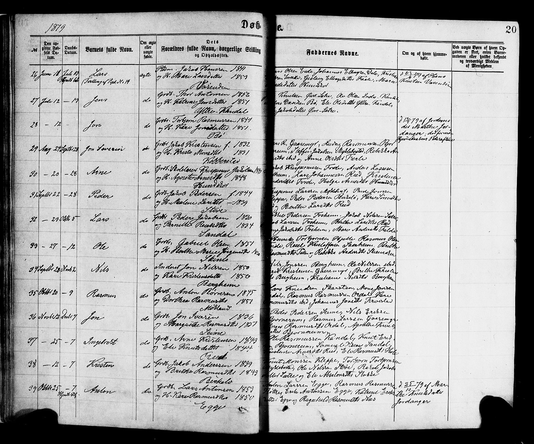 Gloppen sokneprestembete, AV/SAB-A-80101/H/Haa/Haac/L0001: Parish register (official) no. C 1, 1871-1886, p. 20