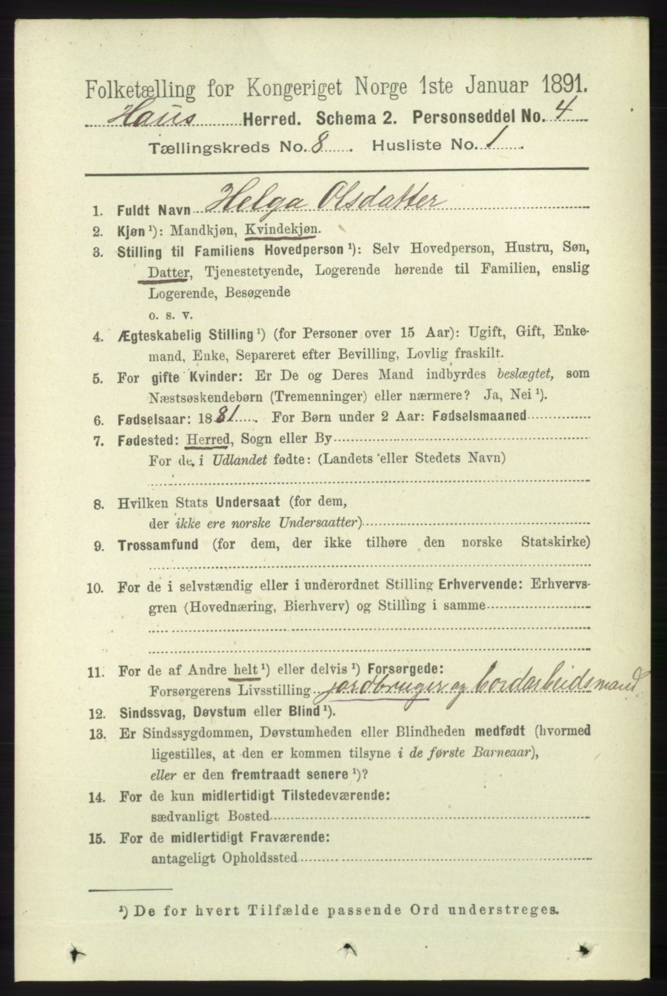 RA, 1891 census for 1250 Haus, 1891, p. 3157