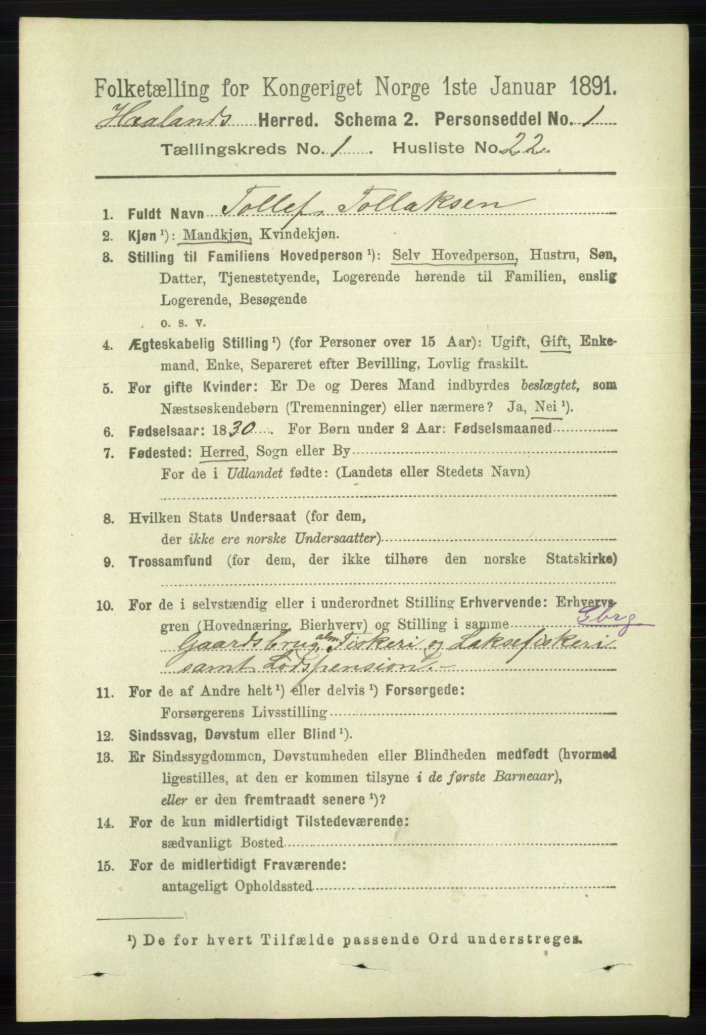 RA, 1891 census for 1124 Haaland, 1891, p. 264