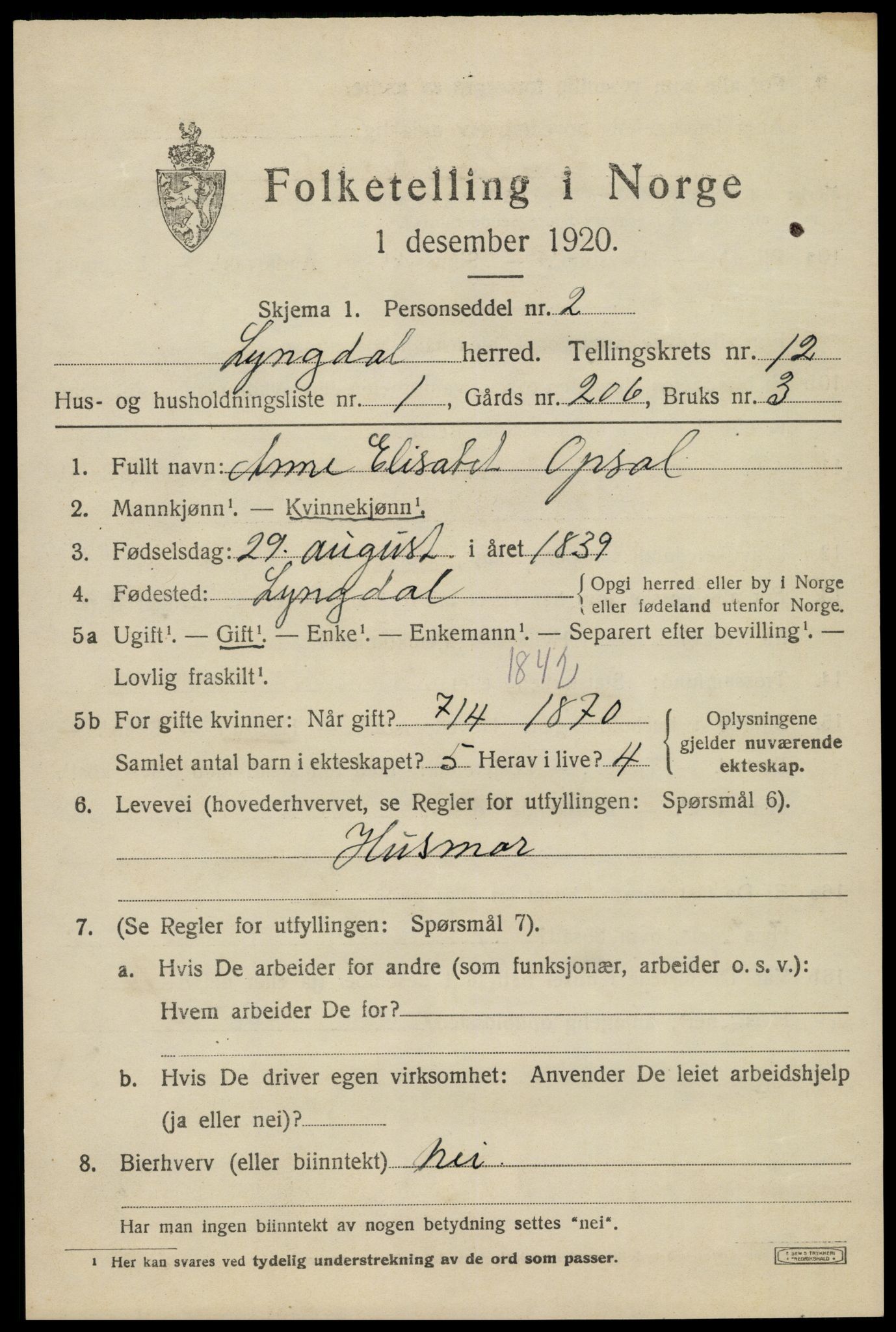 SAK, 1920 census for Lyngdal, 1920, p. 5491