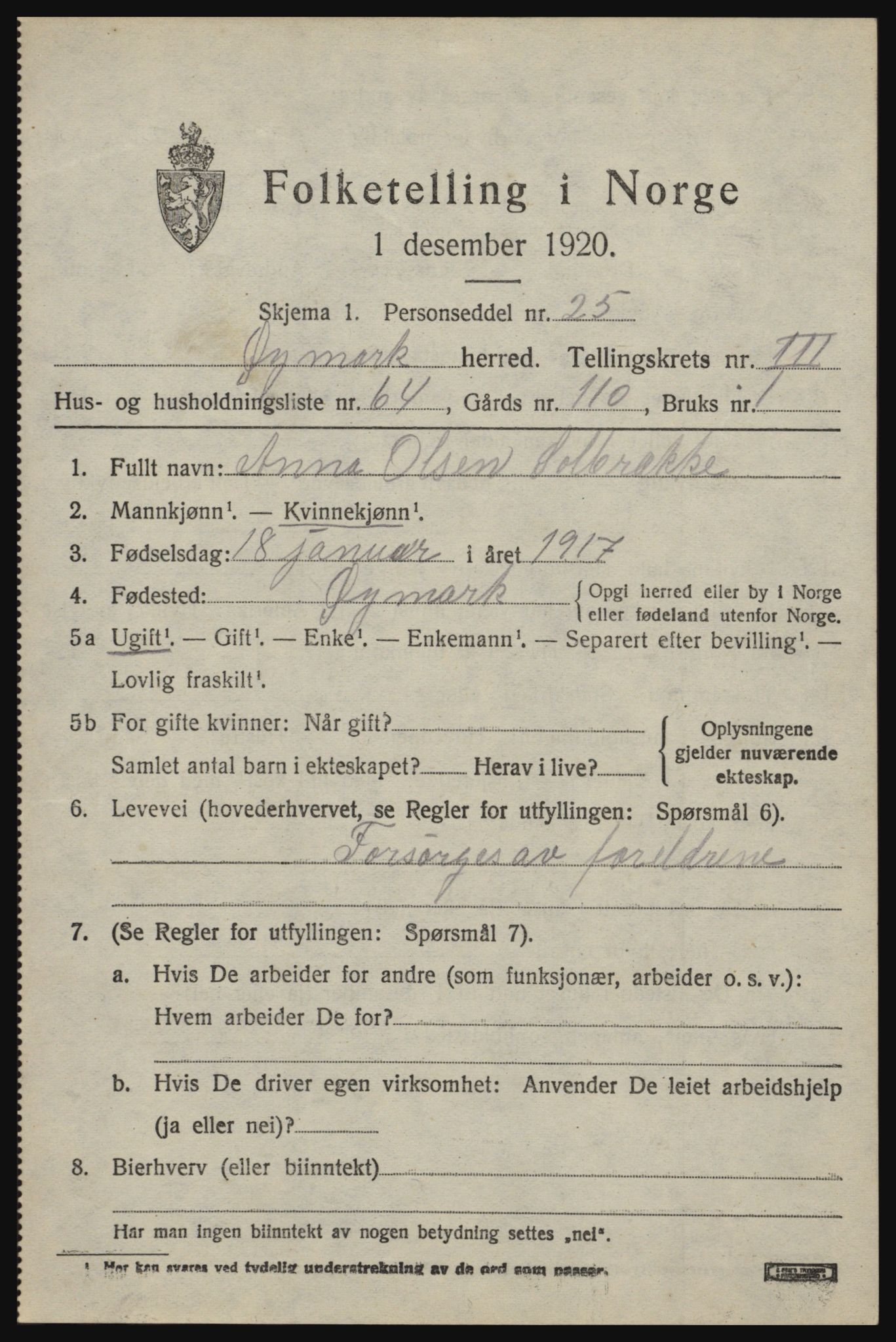 SAO, 1920 census for Øymark, 1920, p. 3149