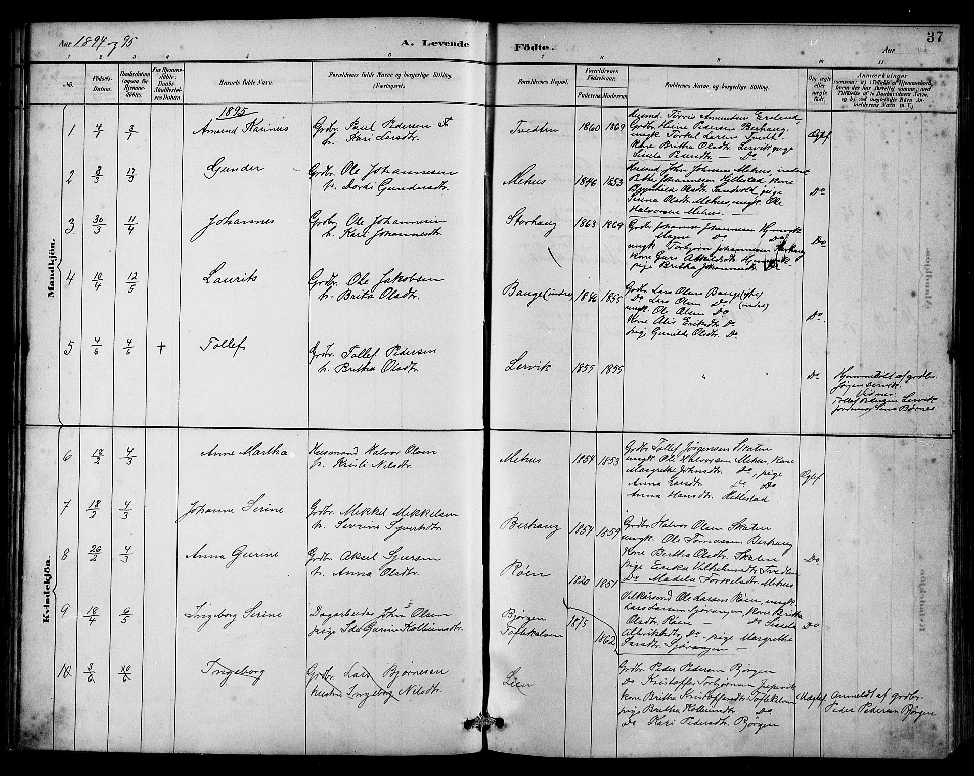 Husnes Sokneprestembete, SAB/A-75901/H/Hab: Parish register (copy) no. B 2, 1884-1914, p. 37