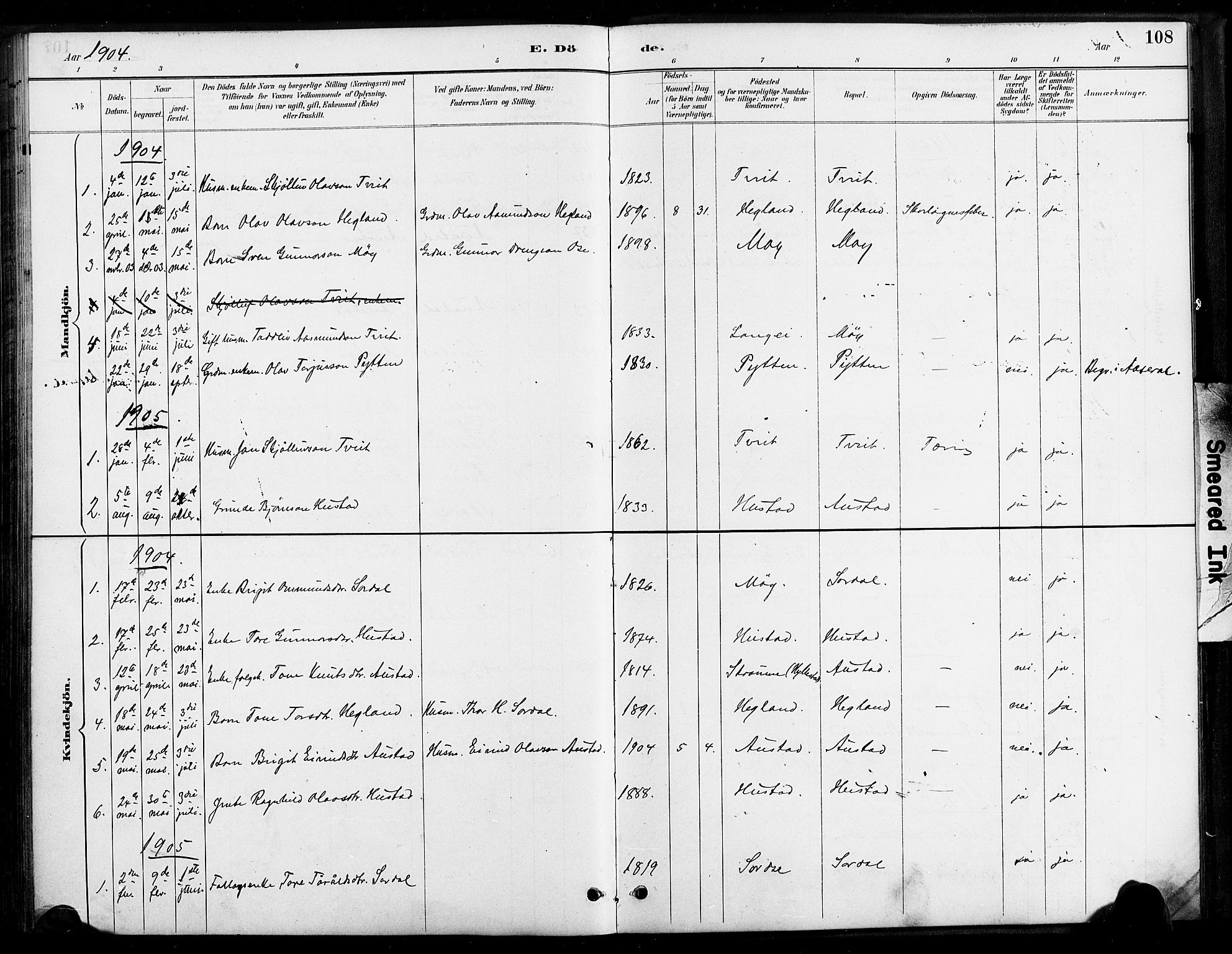 Bygland sokneprestkontor, SAK/1111-0006/F/Fa/Faa/L0001: Parish register (official) no. A 1, 1885-1908, p. 108