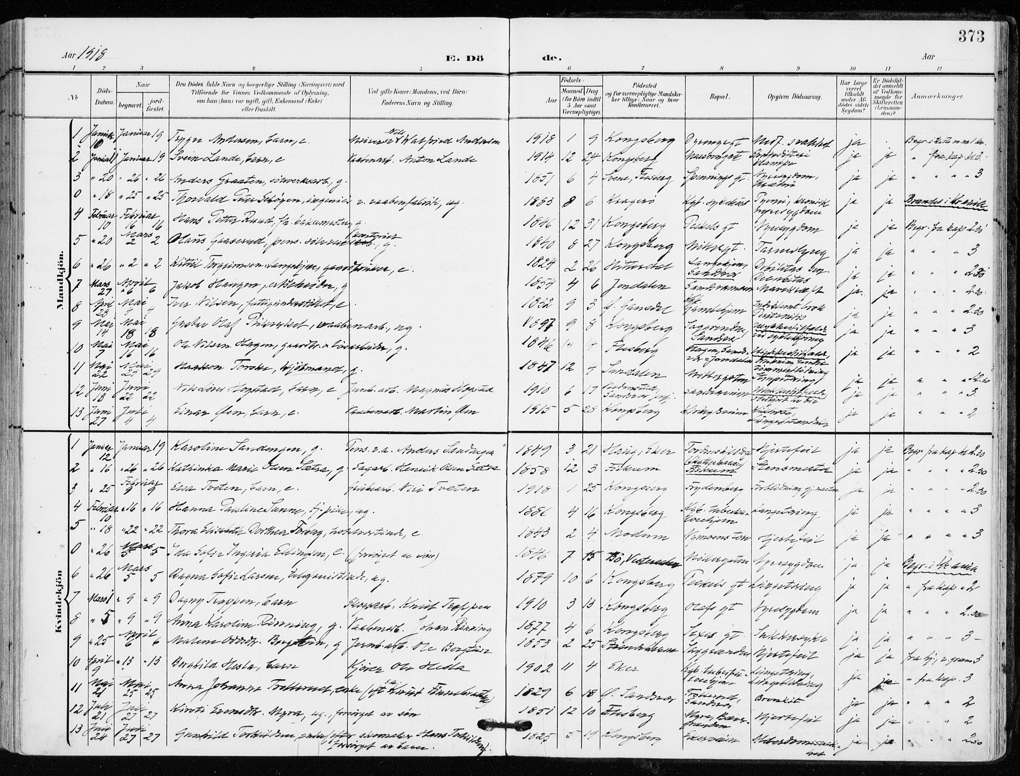 Kongsberg kirkebøker, AV/SAKO-A-22/F/Fb/L0004: Parish register (official) no. II 4, 1906-1918, p. 373