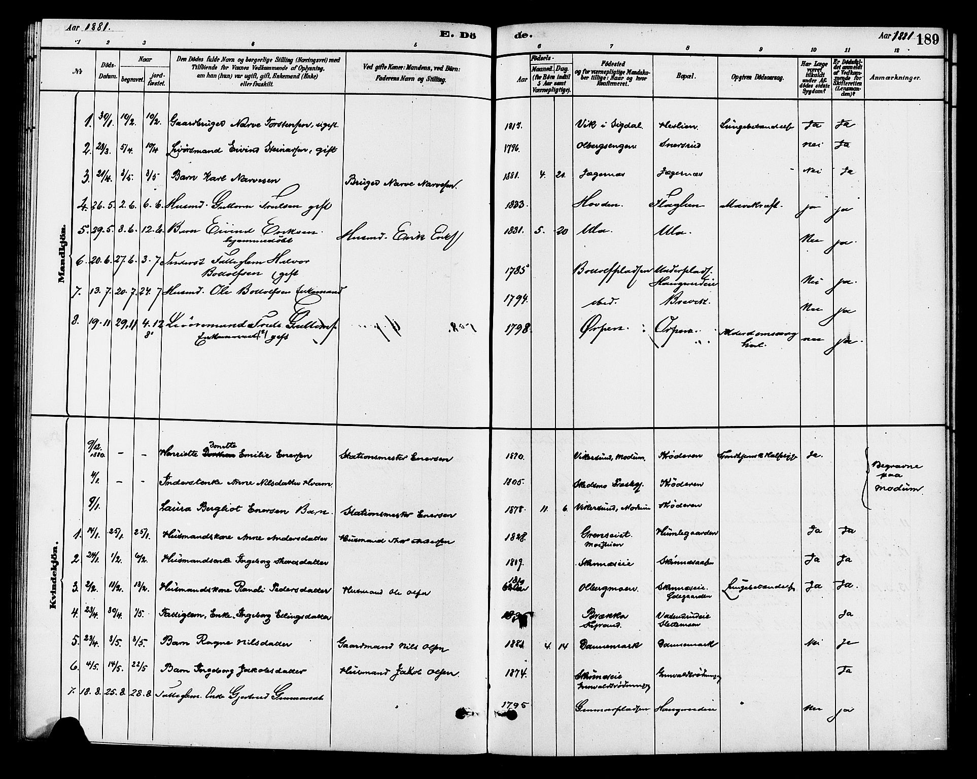 Krødsherad kirkebøker, AV/SAKO-A-19/G/Ga/L0001: Parish register (copy) no. 1, 1879-1893, p. 189