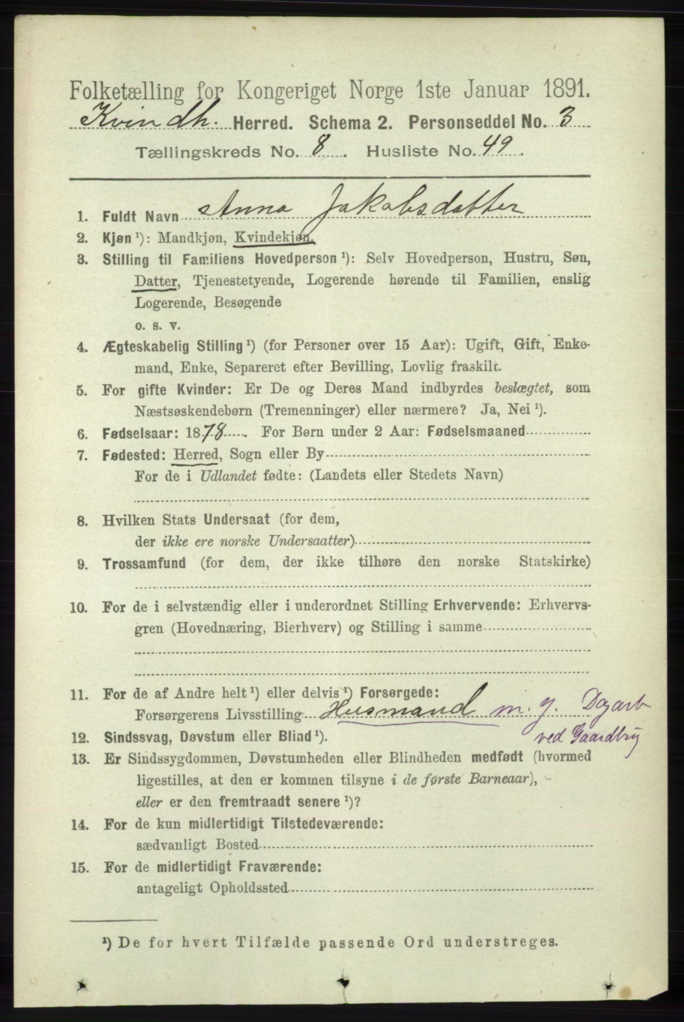 RA, 1891 census for 1224 Kvinnherad, 1891, p. 3258