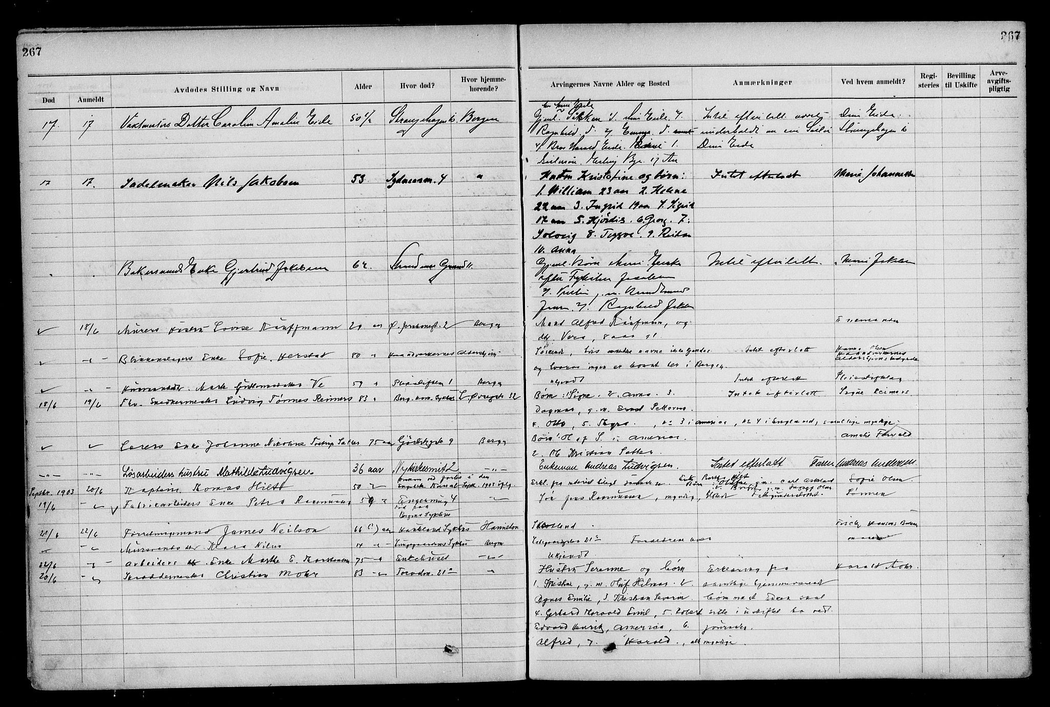 Byfogd og Byskriver i Bergen, AV/SAB-A-3401/06/06Na/L0009: Dødsfallsjournaler, 1910-1915, p. 267