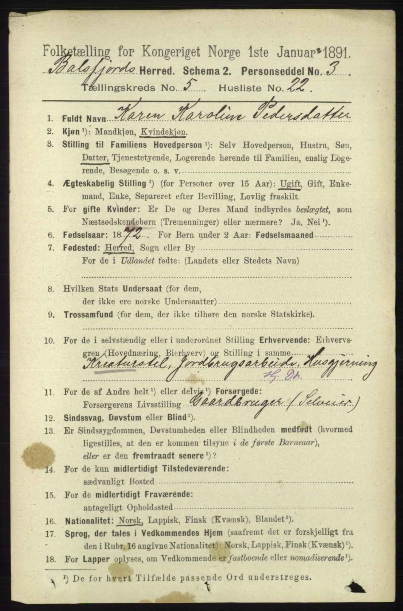 RA, 1891 census for 1933 Balsfjord, 1891, p. 1539