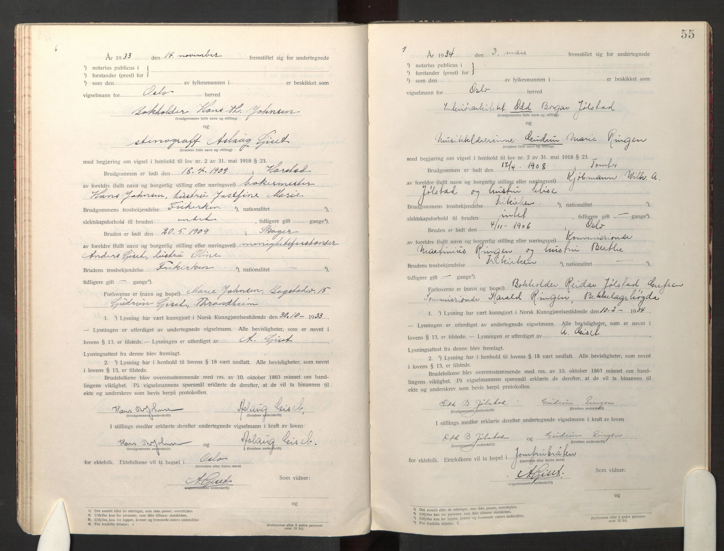 Den evangelisk-lutherske frikirke østre menighet, Oslo, AV/SAO-PAO-0245/F/L0005: Marriage register (dissenter) no. 5, 1920-1941, p. 55