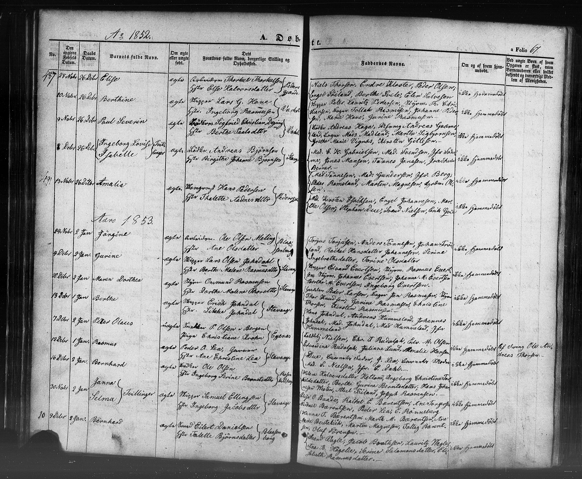 Domkirken sokneprestkontor, SAST/A-101812/001/30/30BB/L0009: Parish register (copy) no. B 9, 1850-1858, p. 67