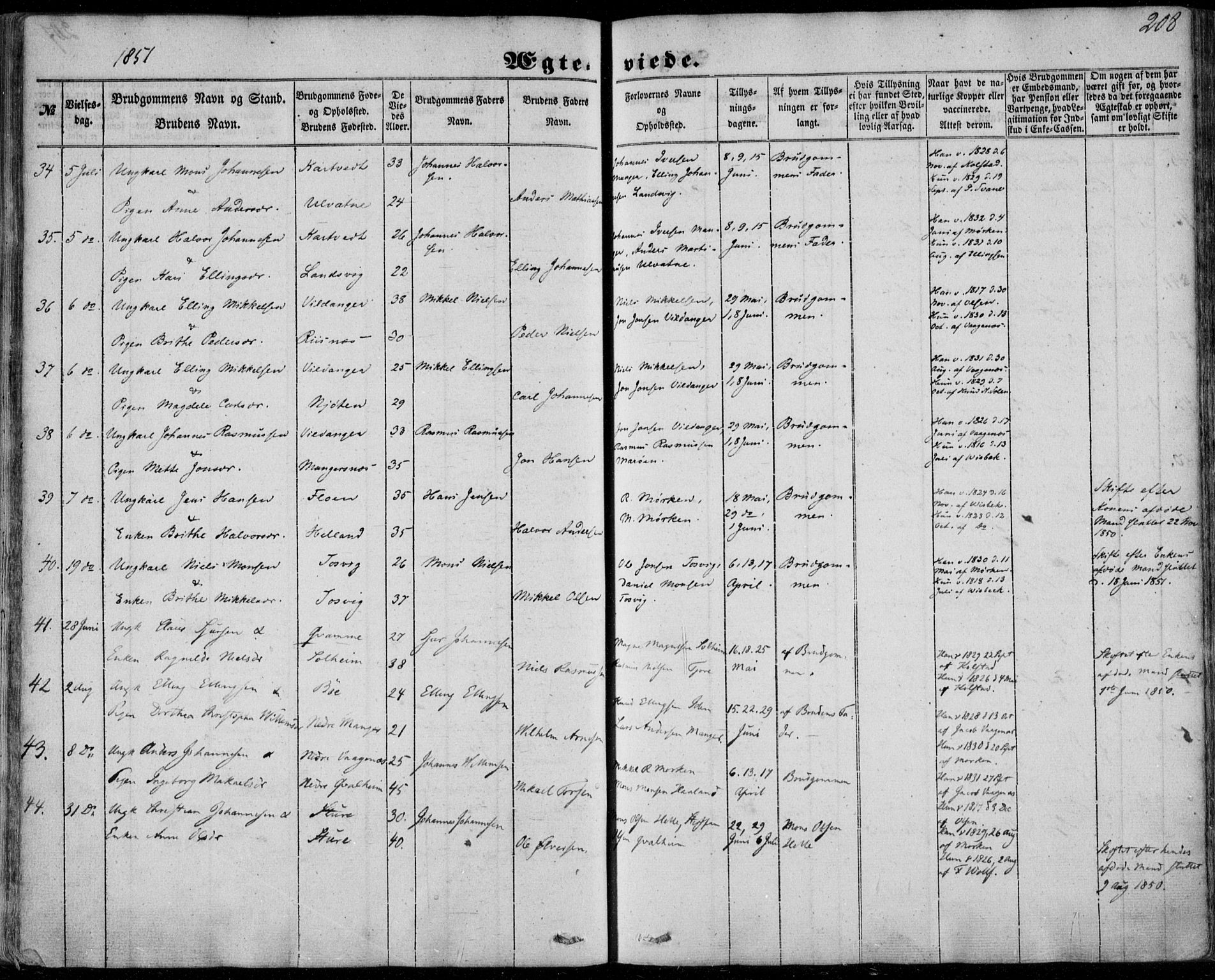 Manger sokneprestembete, AV/SAB-A-76801/H/Haa: Parish register (official) no. A 6, 1849-1859, p. 208