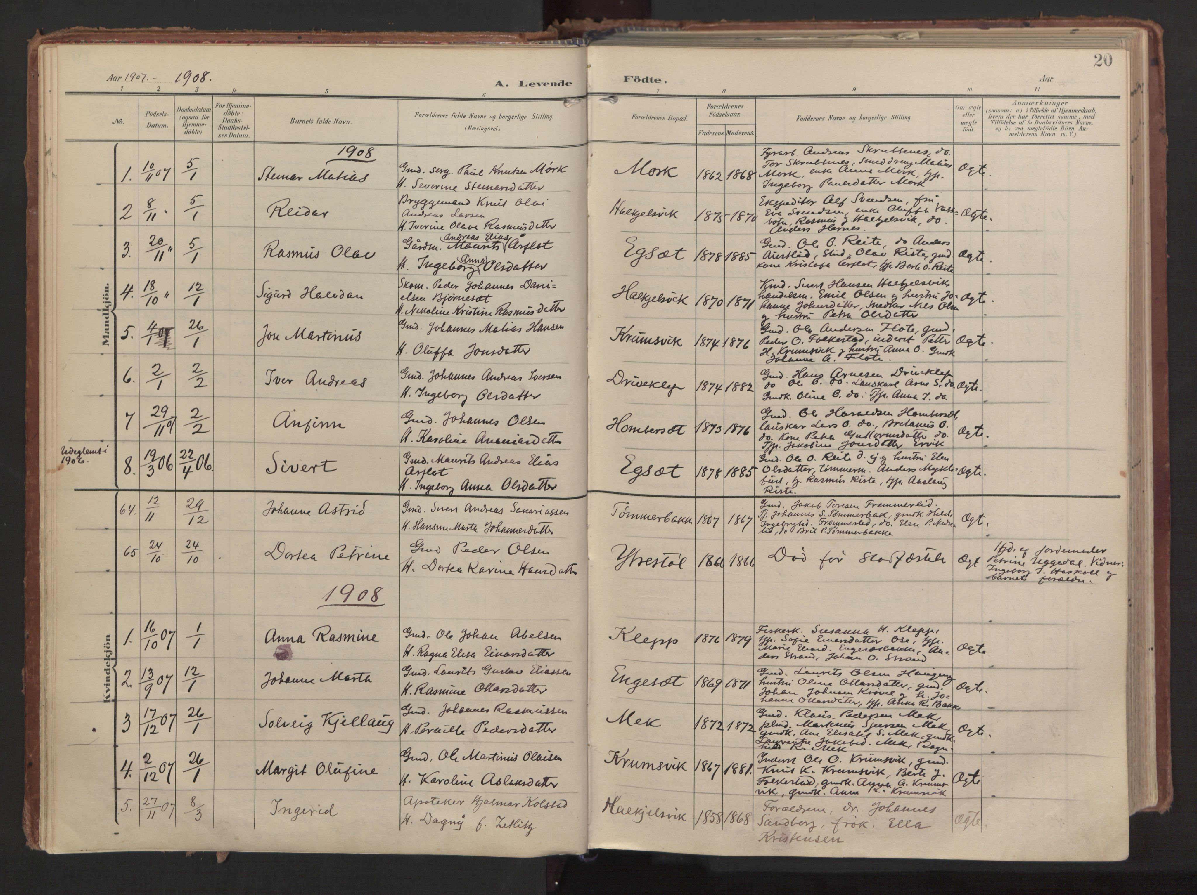 Ministerialprotokoller, klokkerbøker og fødselsregistre - Møre og Romsdal, AV/SAT-A-1454/511/L0144: Parish register (official) no. 511A11, 1906-1923, p. 20