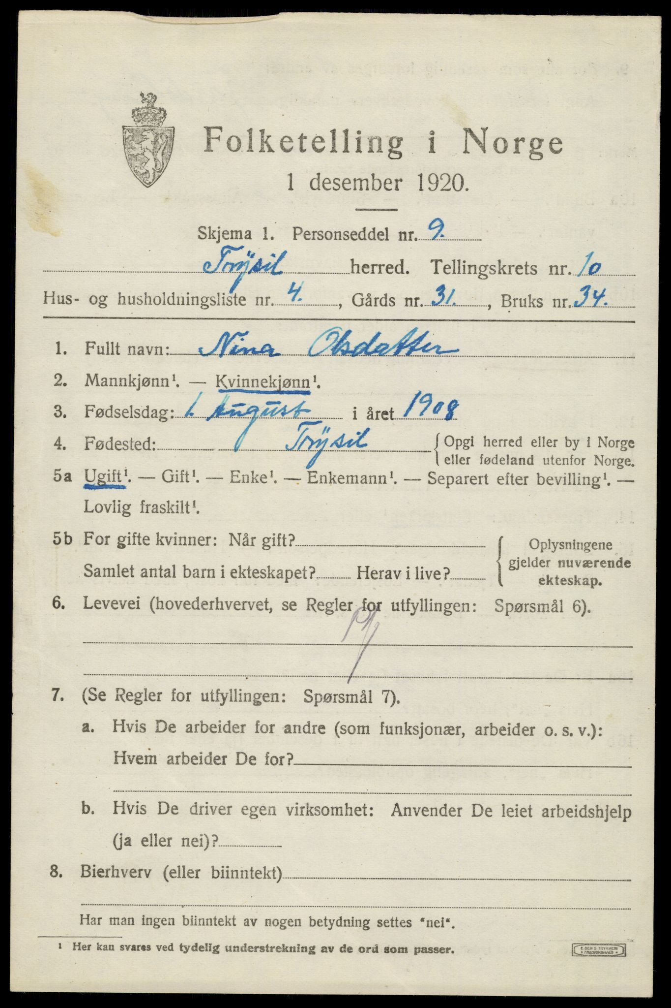 SAH, 1920 census for Trysil, 1920, p. 6907