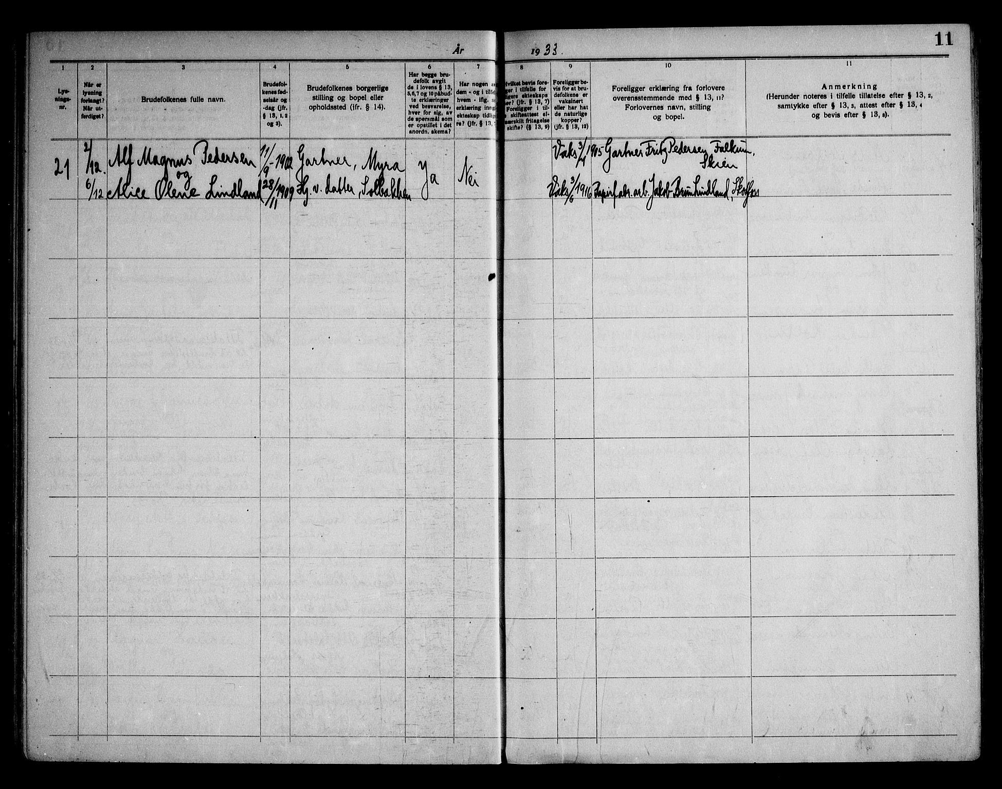 Solum kirkebøker, SAKO/A-306/H/Hb/L0001: Banns register no. II 1, 1929-1963, p. 11